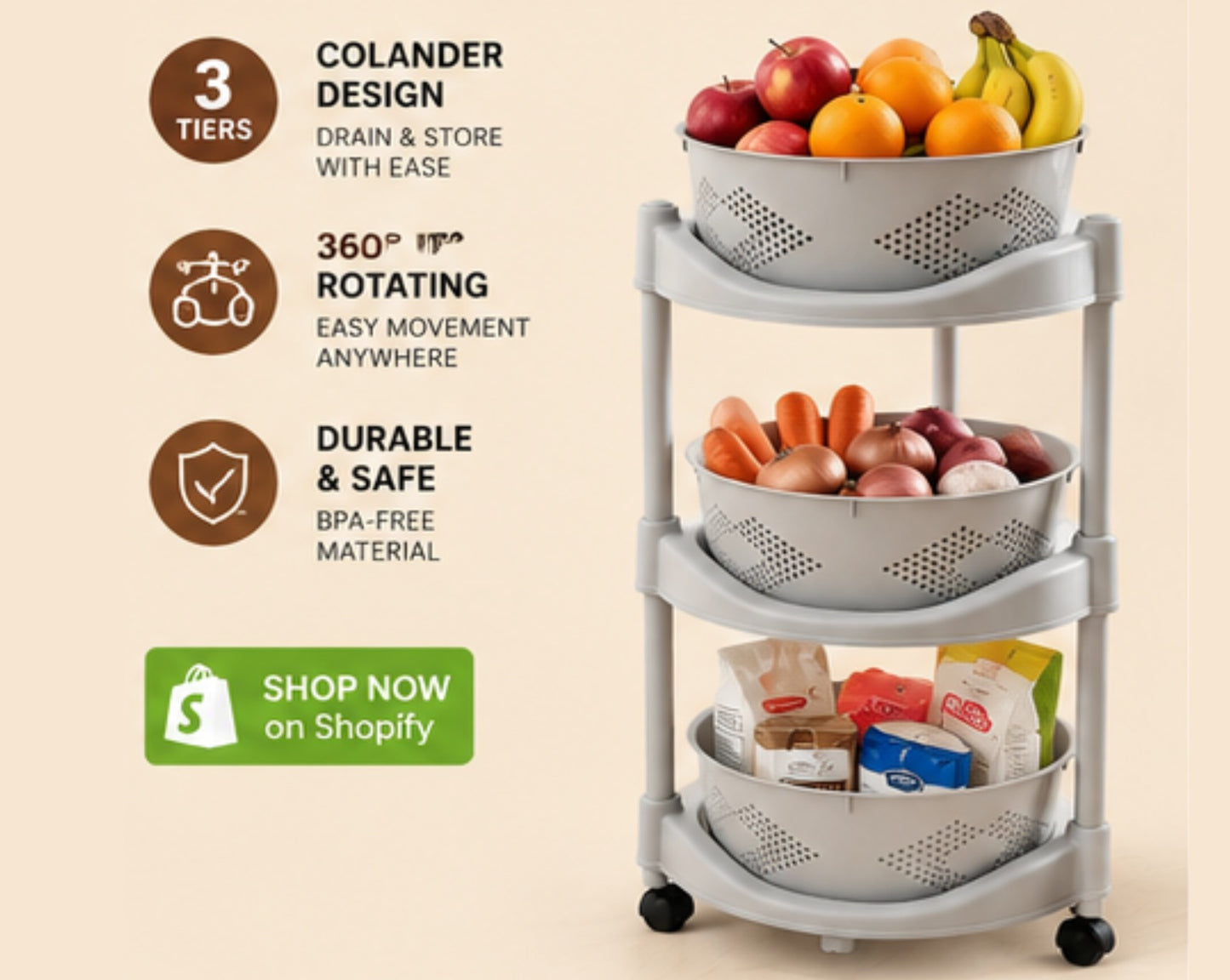 Gray 3-Tier Colander Rack with Rotating Baskets