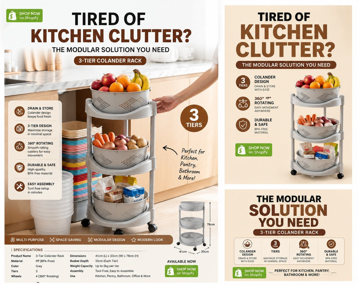 Gray 3-Tier Colander Rack with Rotating Baskets