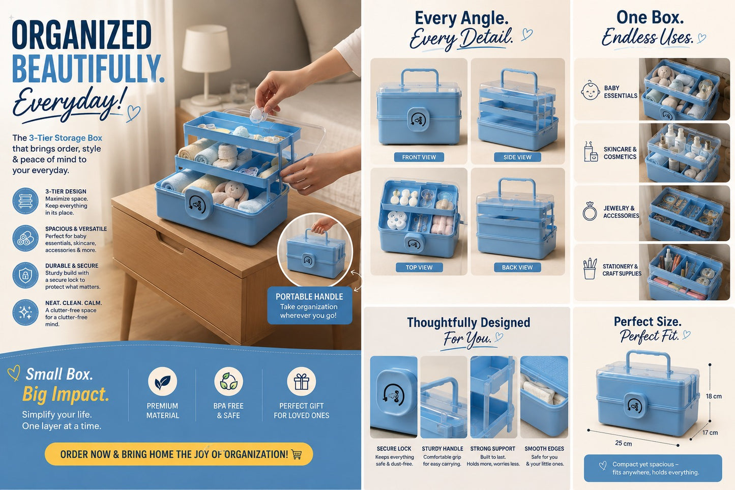 Blue 3-Tier Multipurpose Storage Box for Medication