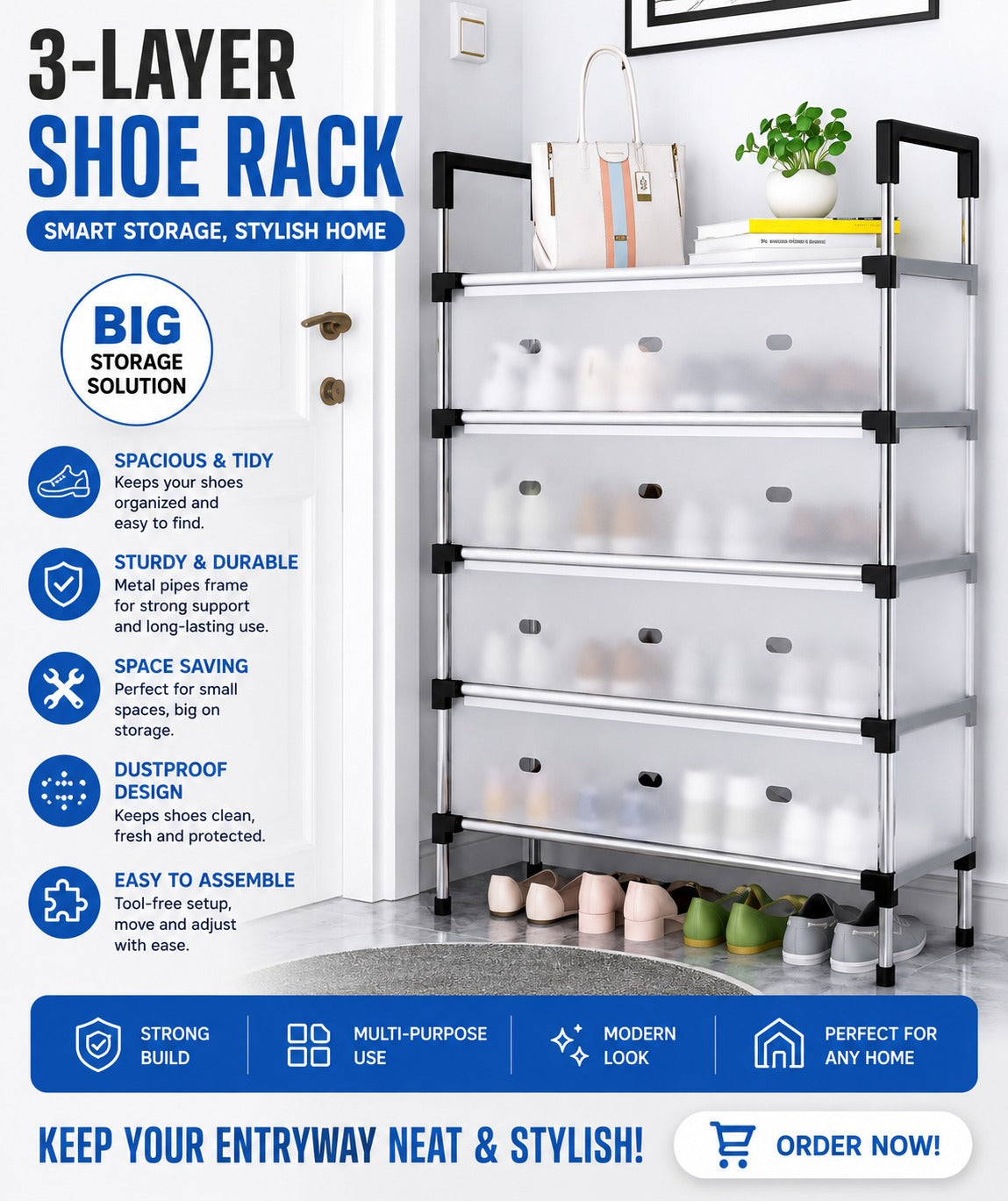 3-Layer Sturdy Shoe Rack with Transparent Dust-Proof Cover