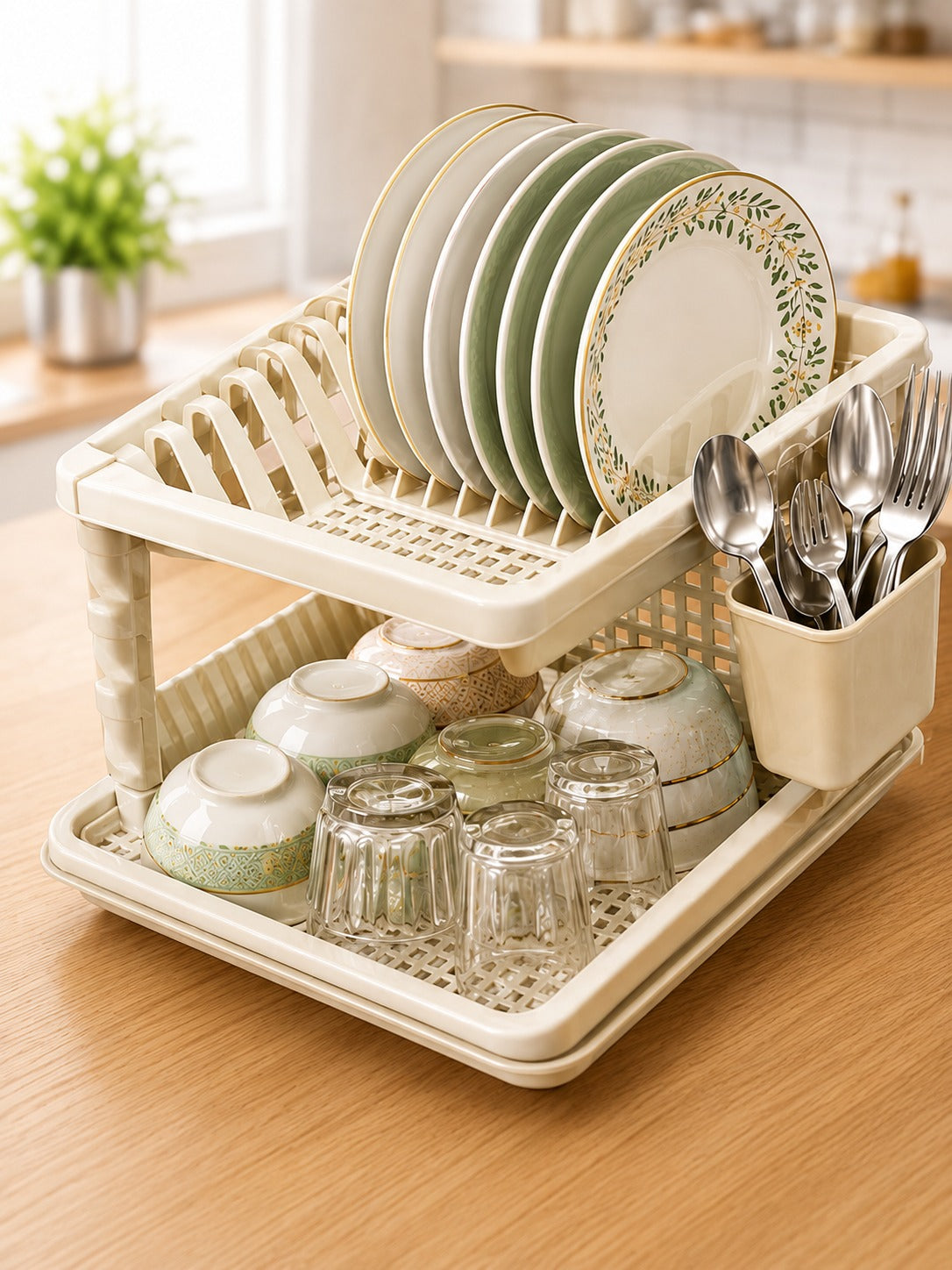 Max Kitchen 2-Tier Dish Drying Rack with Cutlery Holder