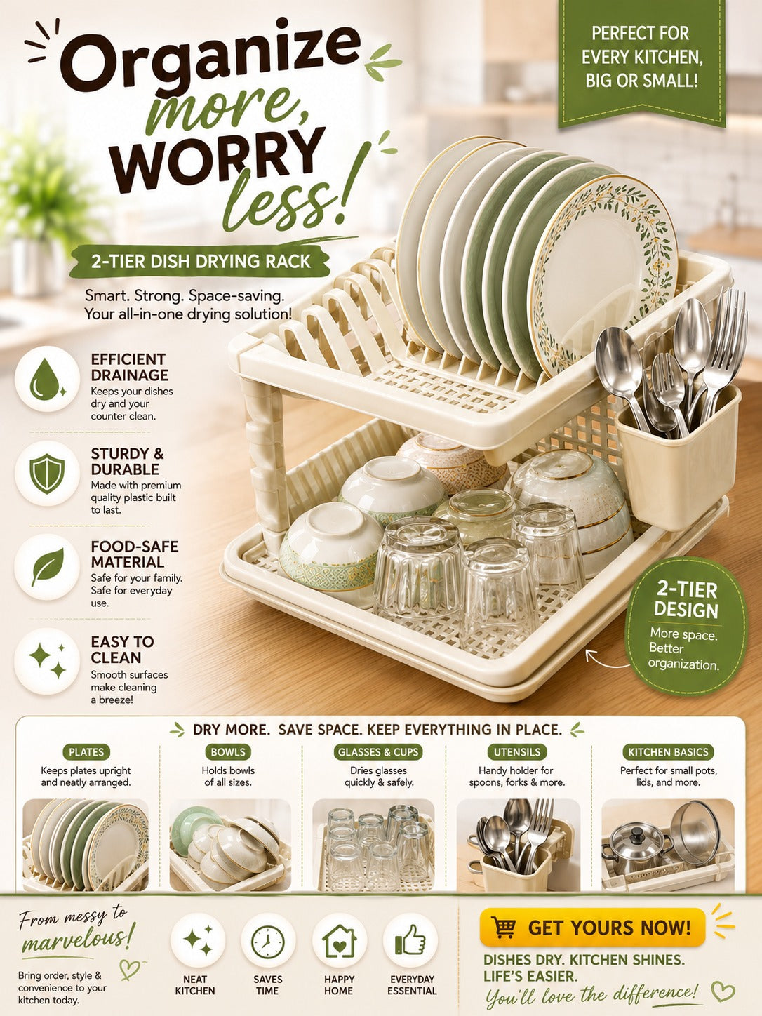 Max Kitchen 2-Tier Dish Drying Rack with Cutlery Holder