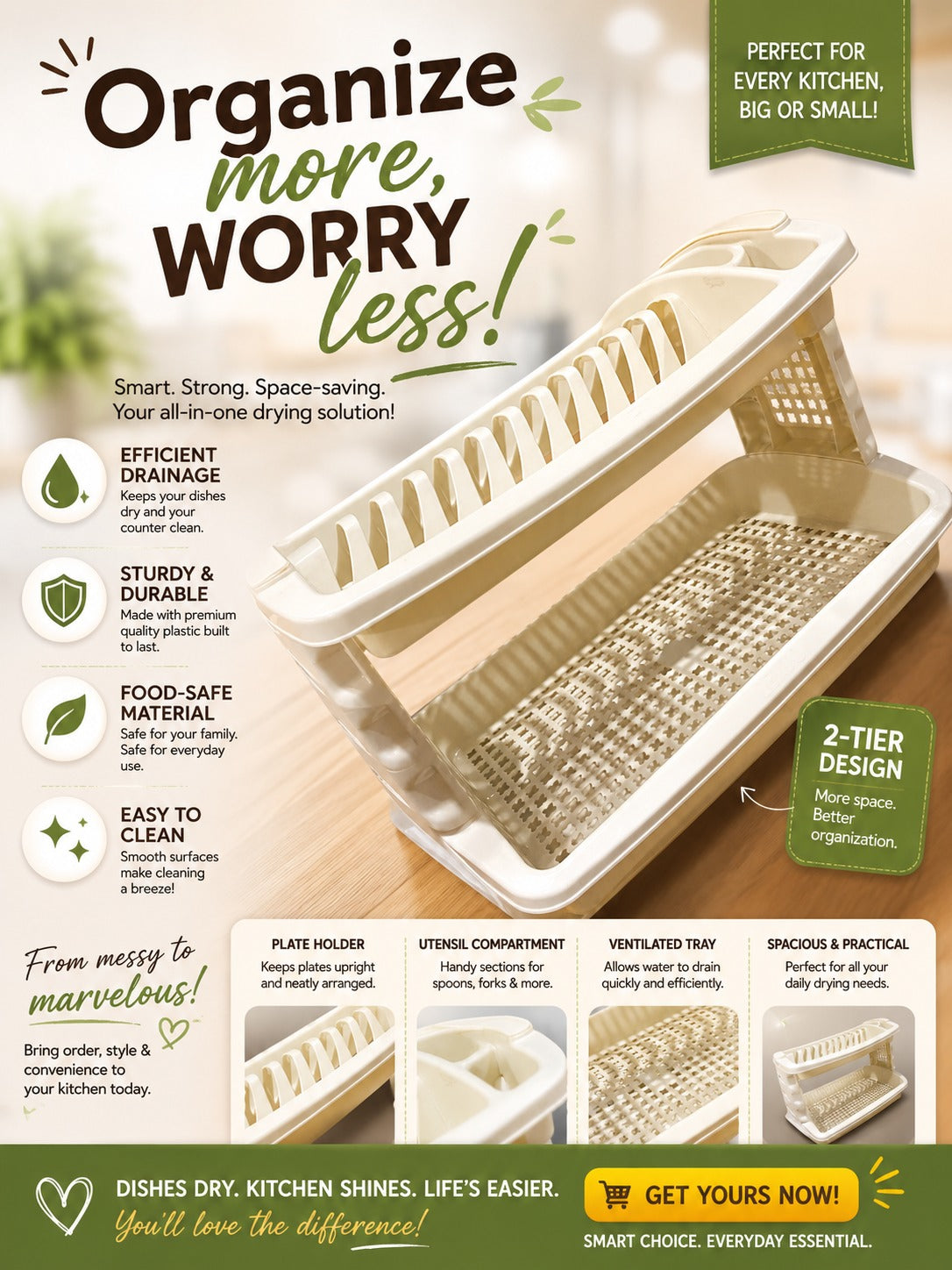 Max Kitchen 2-Tier Dish Drying Rack with Cutlery Holder