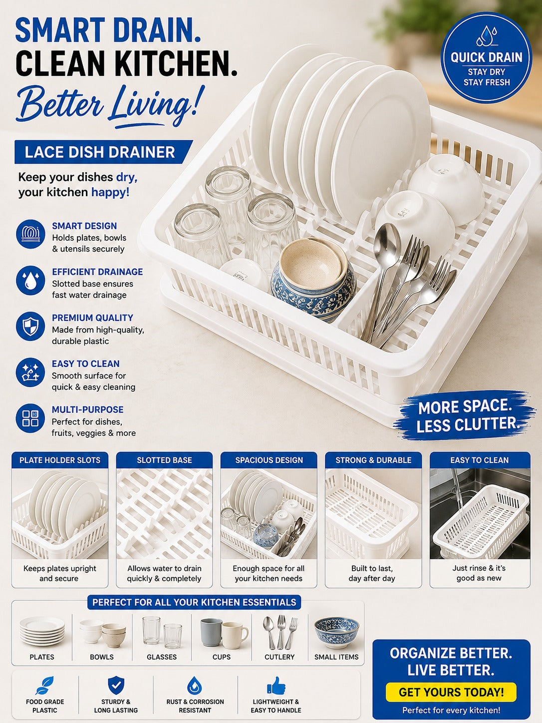 White Rectangular Plastic Dish Drainer Rack