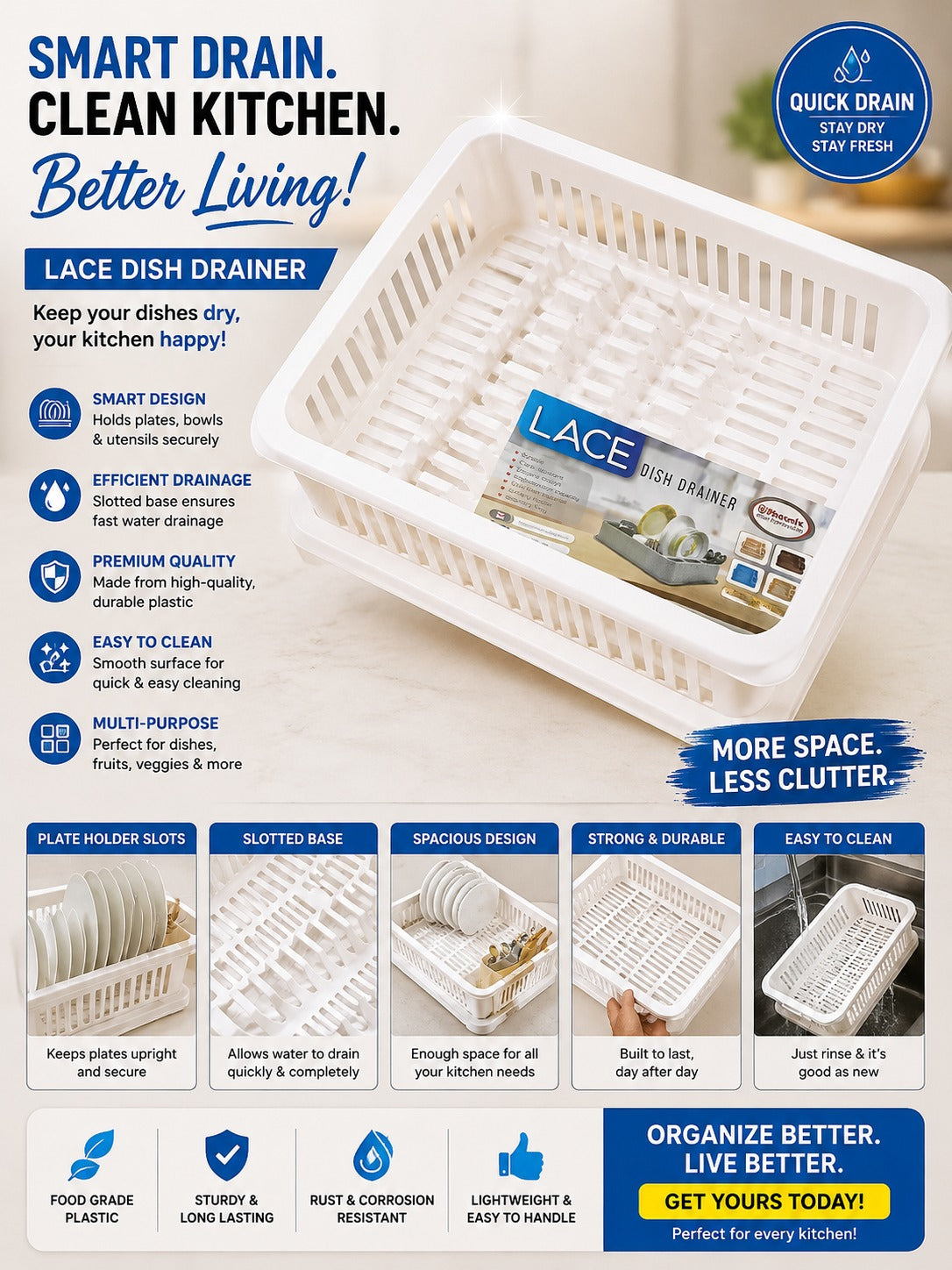 White Rectangular Plastic Dish Drainer Rack