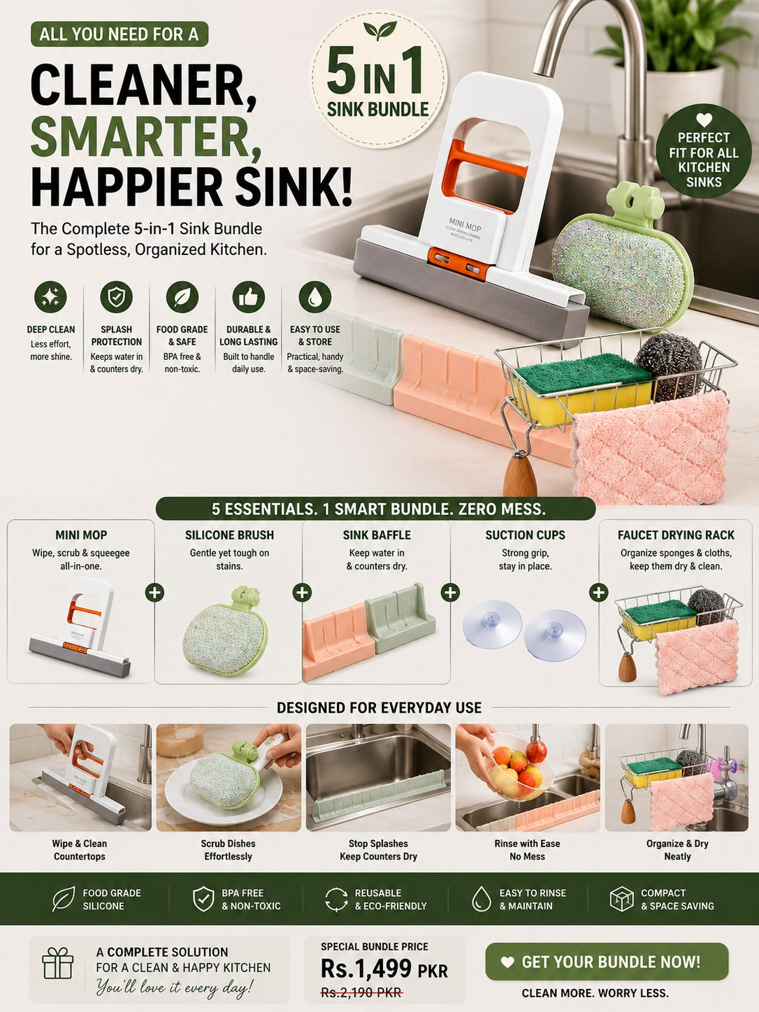 5-in-1 Kitchen Sink Bundle with Countertop Squeegee
