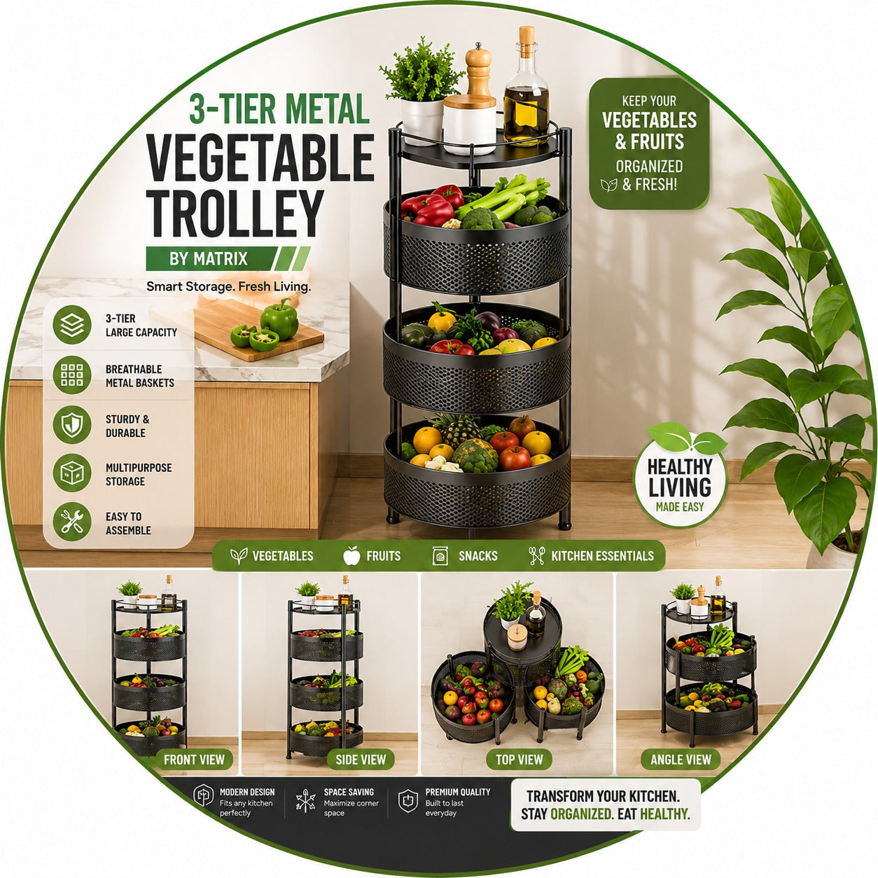 3-Tier Rotating Kitchen Storage Cart – Fruit &; Vegetable Storage Rack