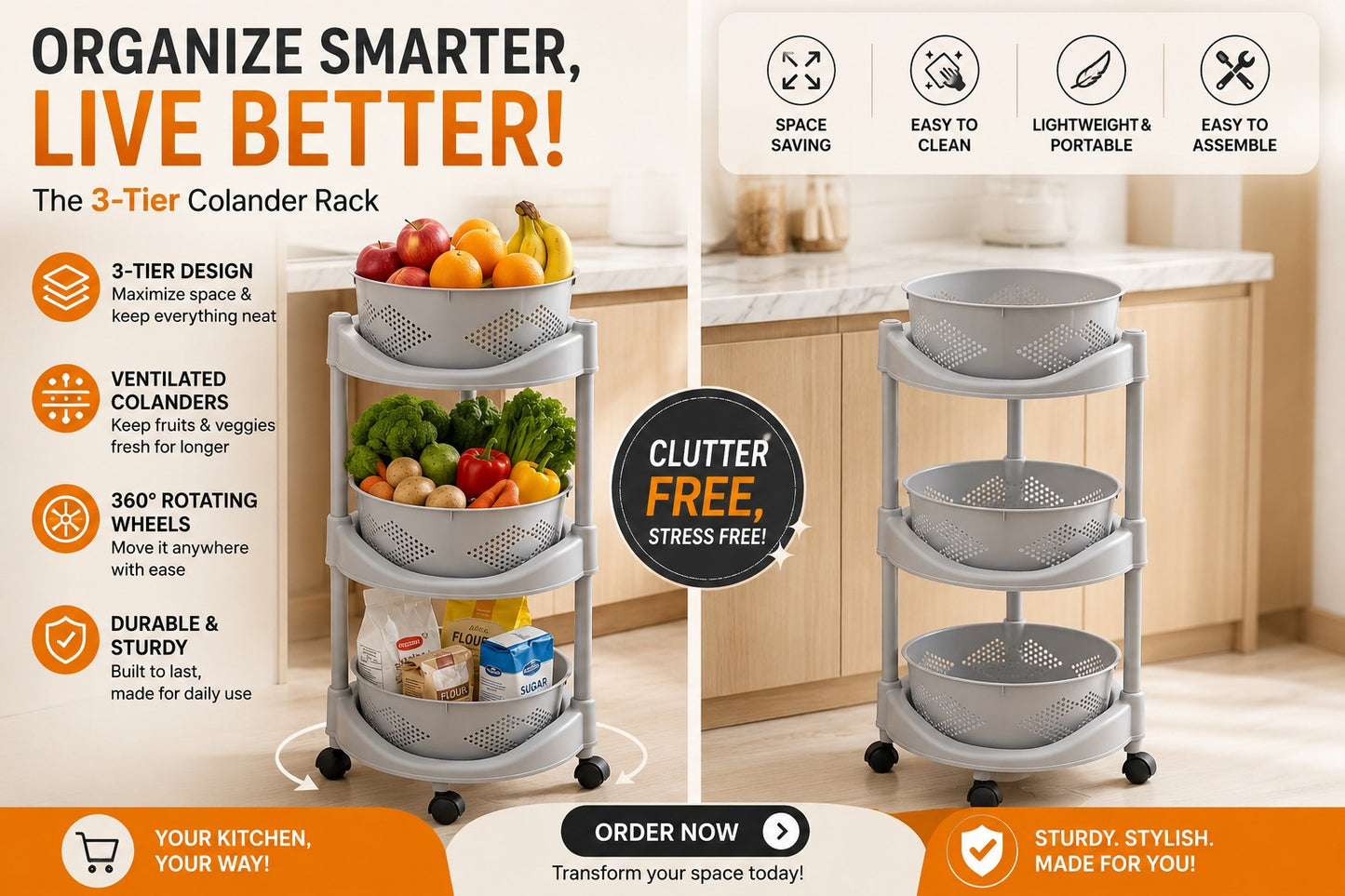 3-Tier Rotating Kitchen Storage Cart – Fruit & Vegetable Storage Rack