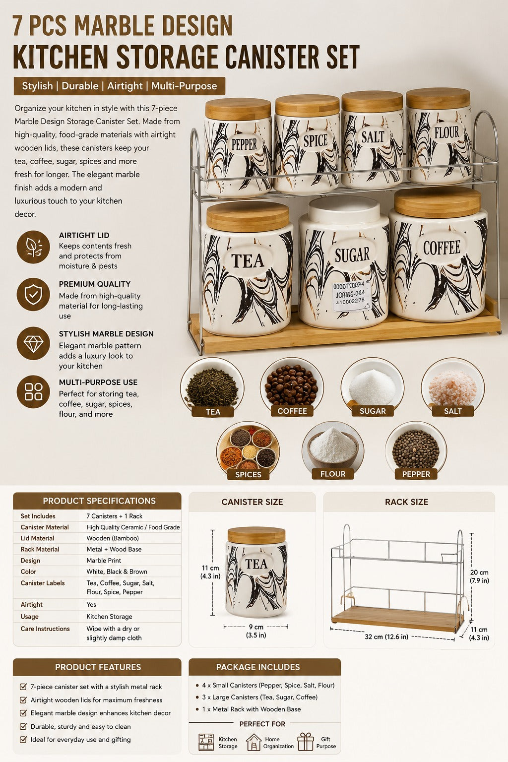 7-Piece Ceramic Canister Set with Marble Design & Bamboo Lids