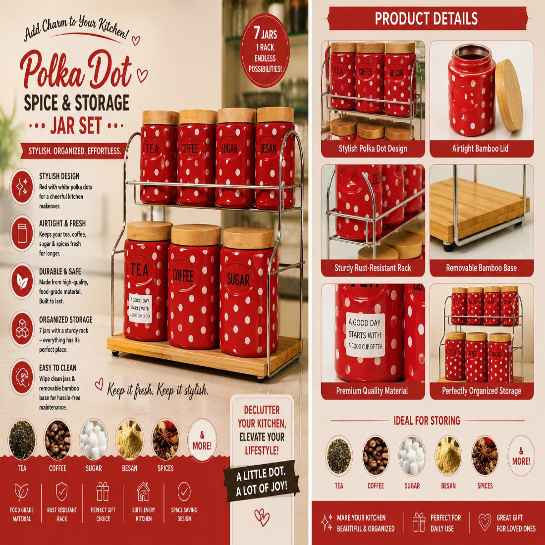 Polka Dot Spice & Storage Jar Set with Bamboo Airtight Lids