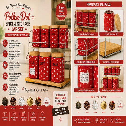 Polka Dot Spice & Storage Jar Set with Bamboo Airtight Lids