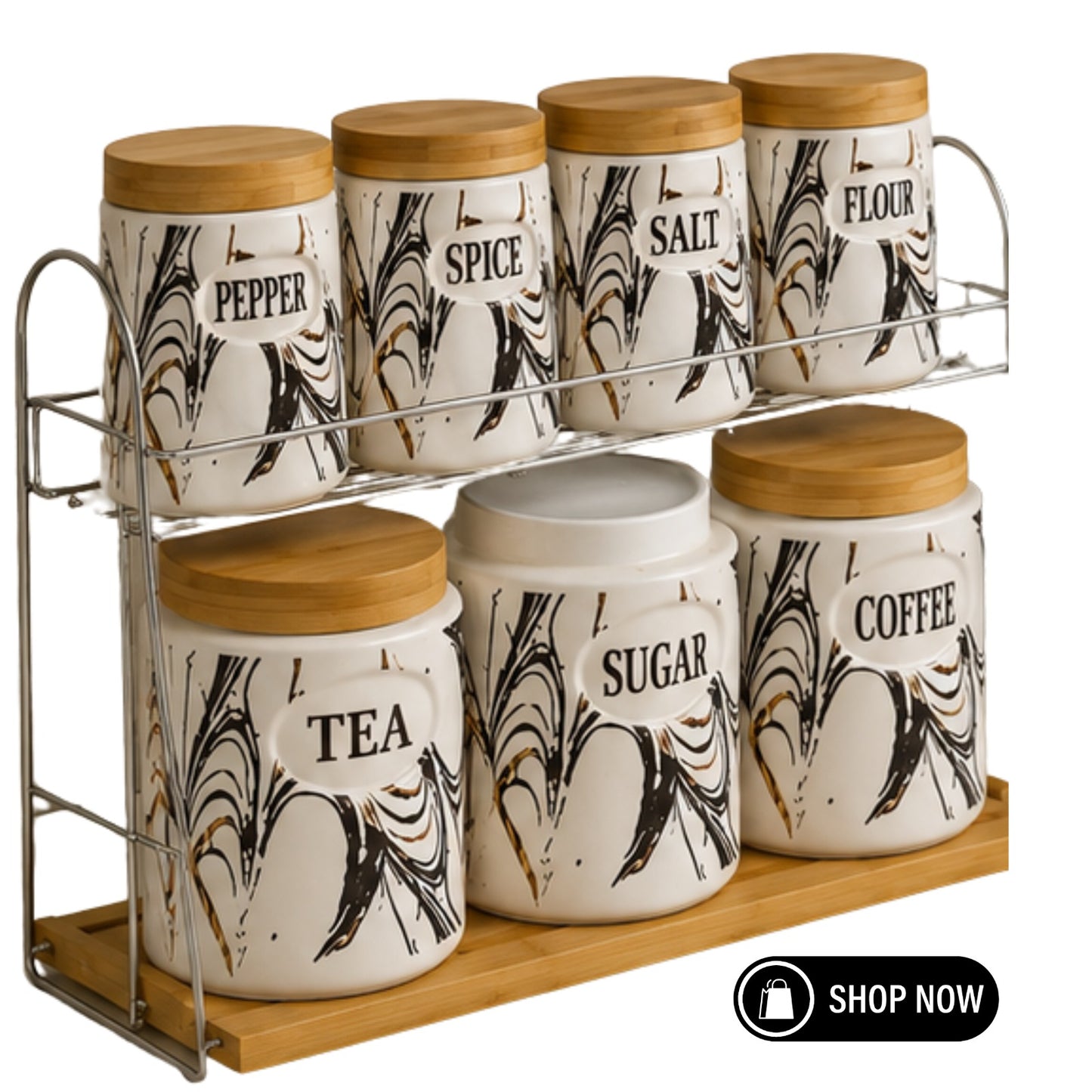 7-Piece Ceramic Canister Set with Marble Design & Bamboo Lids