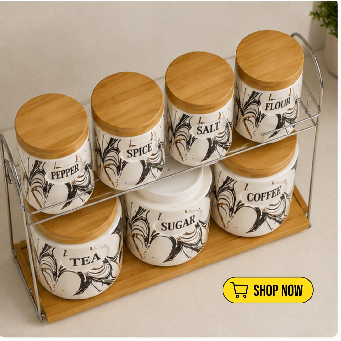 7-Piece Ceramic Canister Set with Marble Design & Bamboo Lids