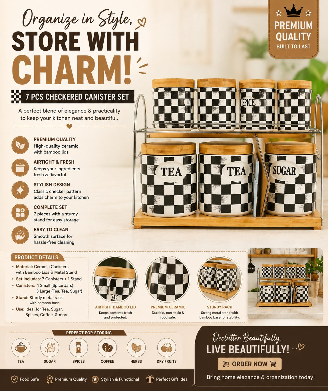 7-Piece Ceramic Canister Set with Marble Design & Bamboo Lids