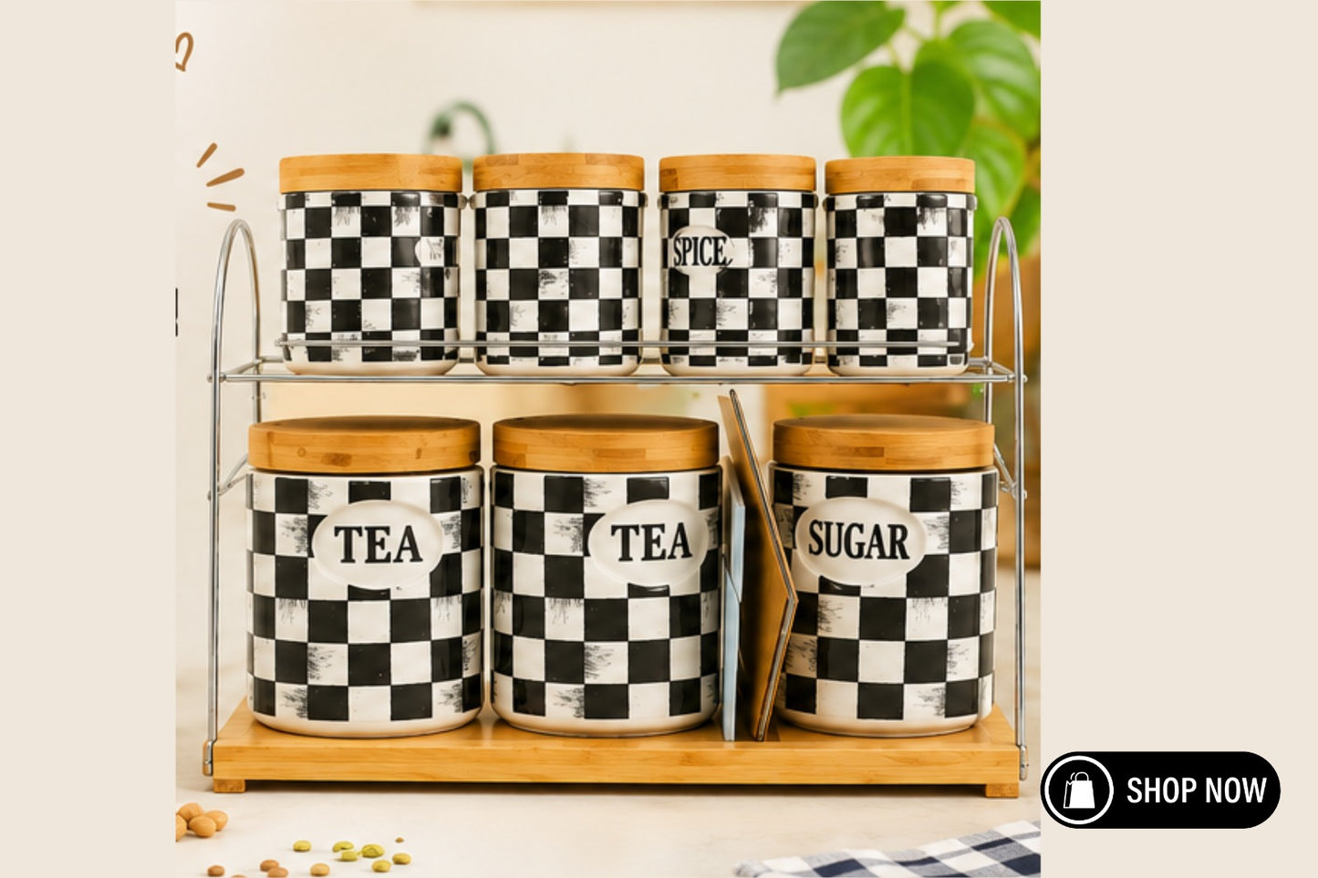 7-Piece Ceramic Canister Set with Marble Design & Bamboo Lids