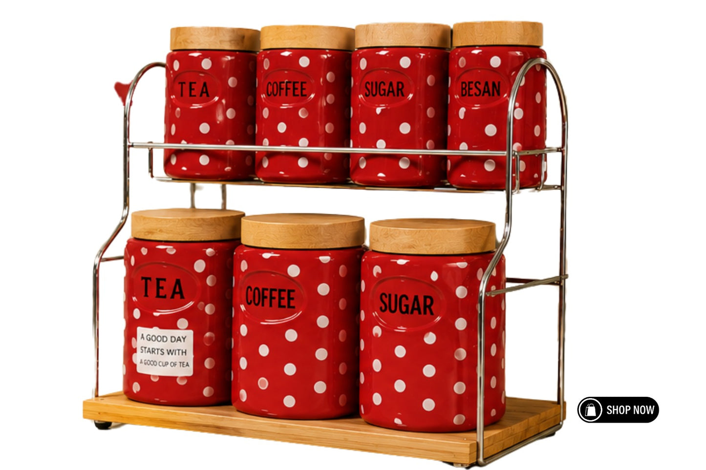 Polka Dot Spice & Storage Jar Set with Bamboo Airtight Lids