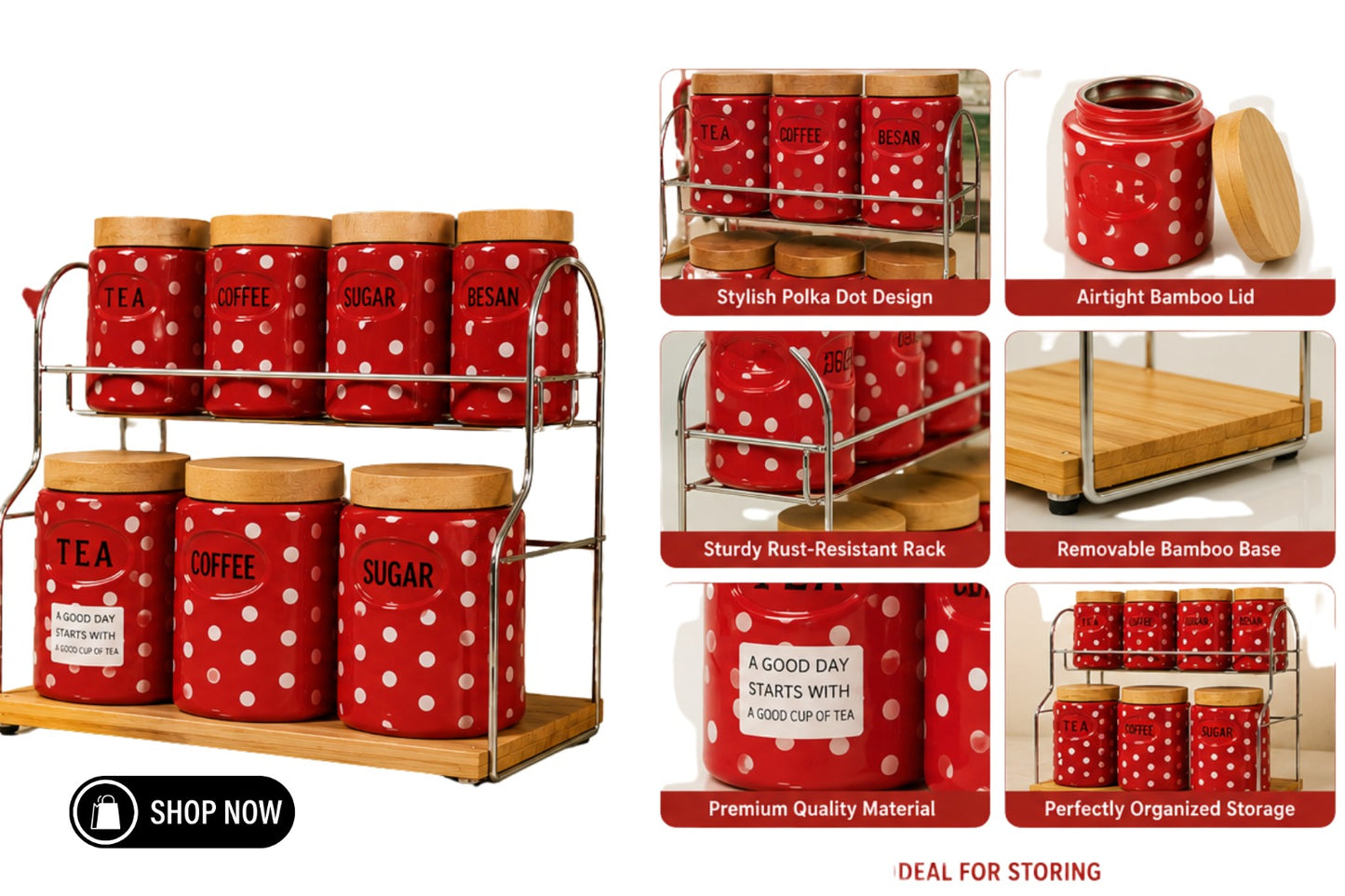 Polka Dot Spice & Storage Jar Set with Bamboo Airtight Lids