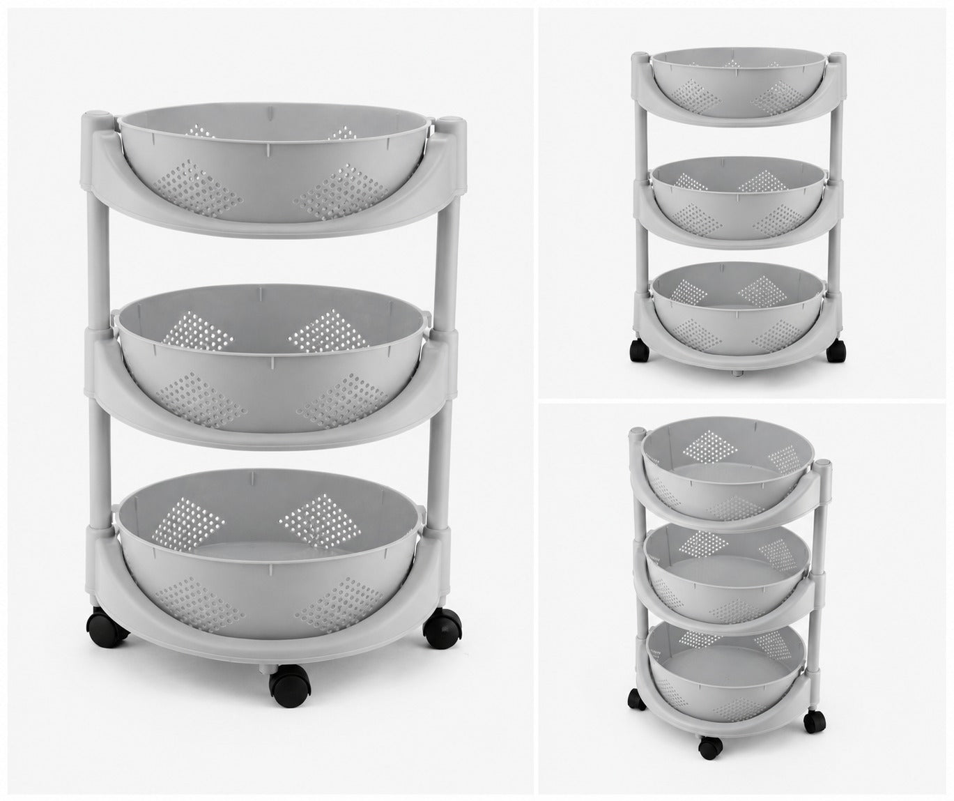 Gray 3-Tier Colander Rack with Rotating Baskets