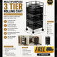 Luxe Home 3-Tier Revolving Kitchen Storage Trolley with Black Mesh Baskets