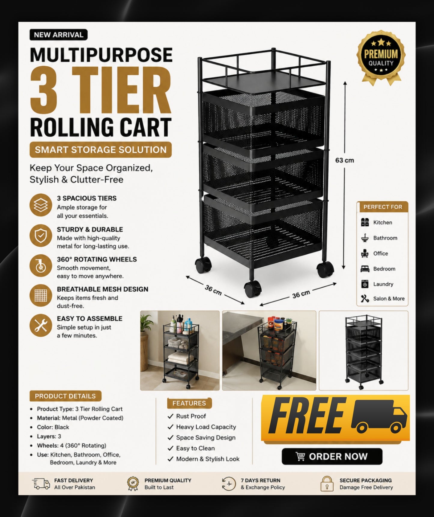 Luxe Home 3-Tier Revolving Kitchen Storage Trolley with Black Mesh Baskets