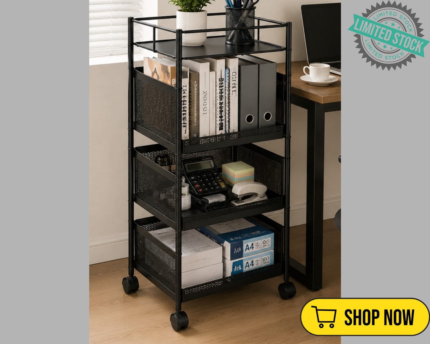 Luxe Home 3-Tier Revolving Kitchen Storage Trolley with Black Mesh Baskets