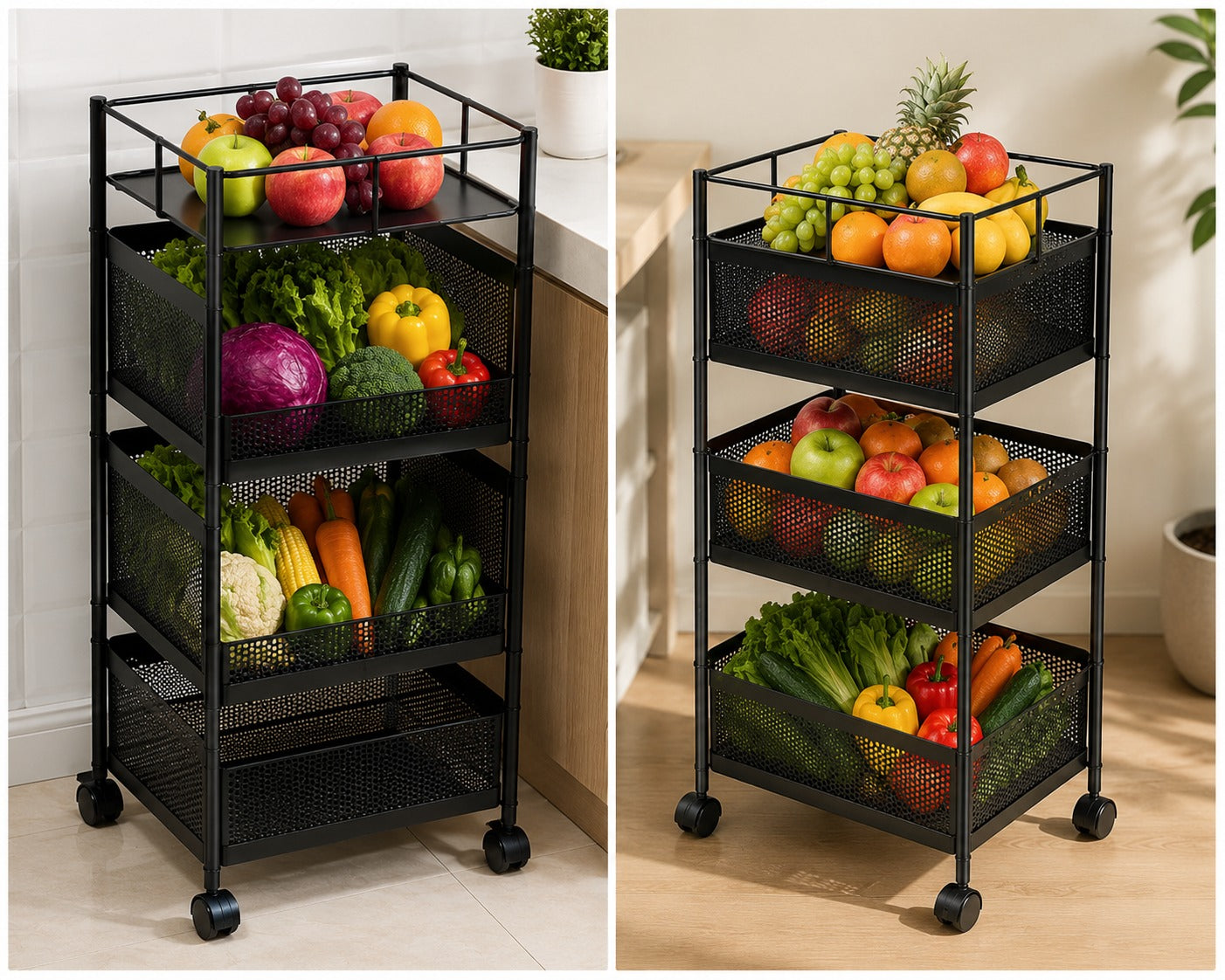Luxe Home 3-Tier Revolving Kitchen Storage Trolley with Black Mesh Baskets