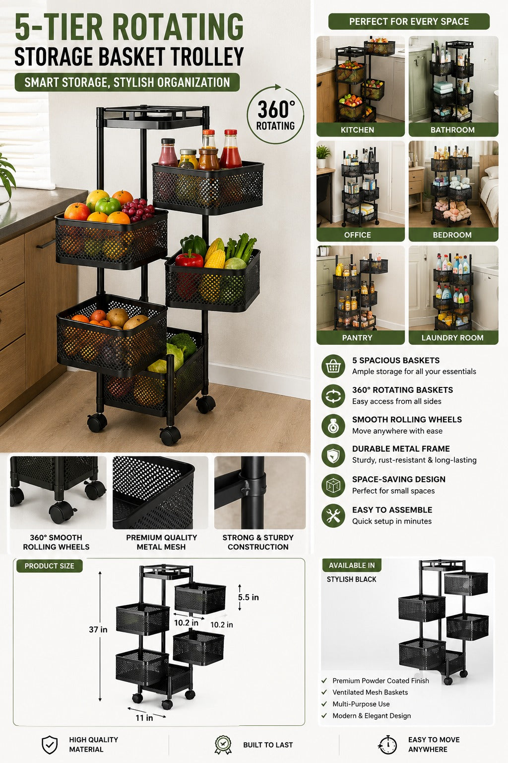 Luxe Home 5-Tier Revolving Kitchen Storage Trolley with Black Mesh Baskets