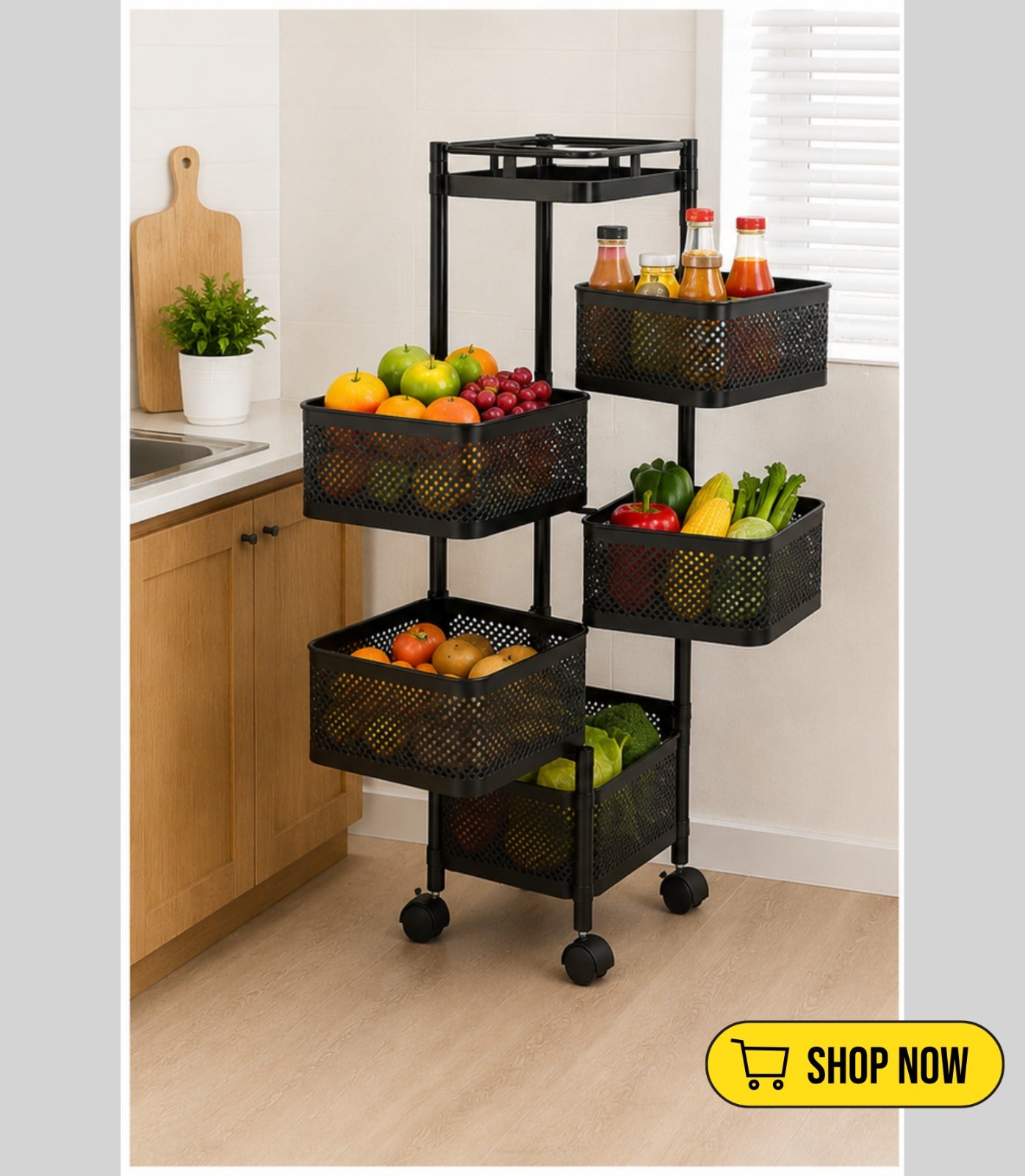 Luxe Home 5-Tier Revolving Kitchen Storage Trolley with Black Mesh Baskets