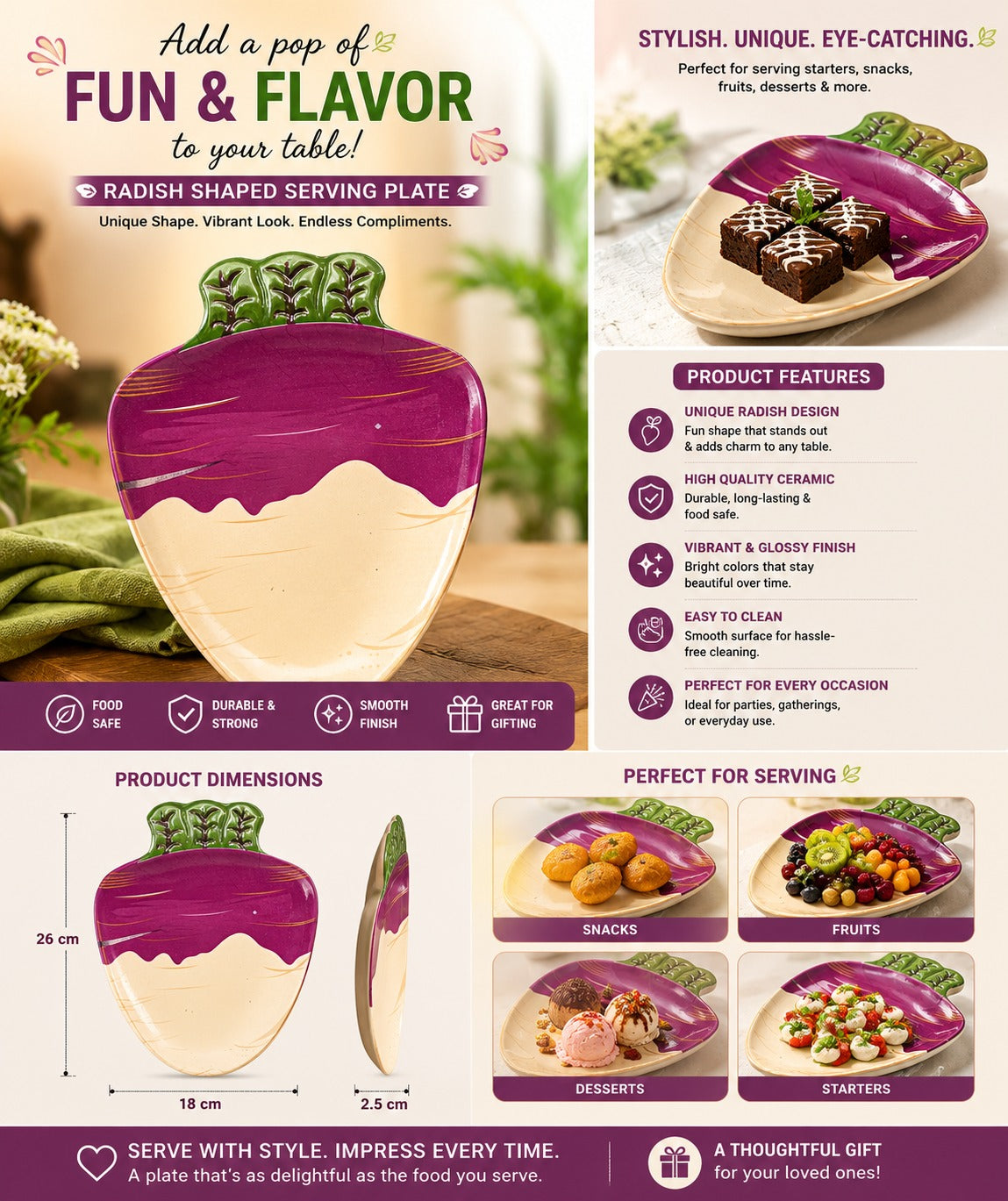 Promotional graphic for a radish-shaped serving plate with product features and usage examples.