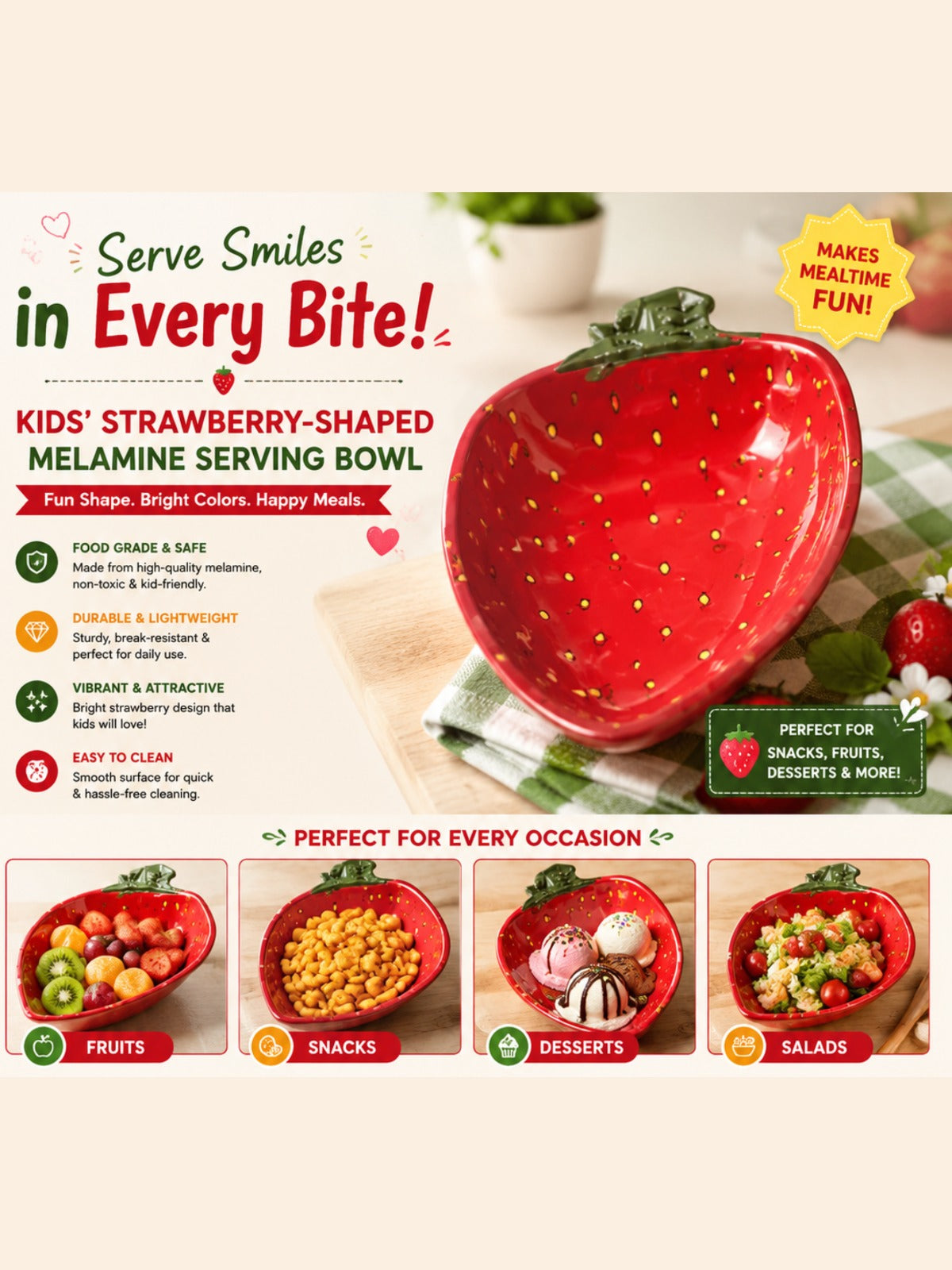 Strawberry-Shaped Melamine Serving Bowl | Premium Fruit & Snack Bowl