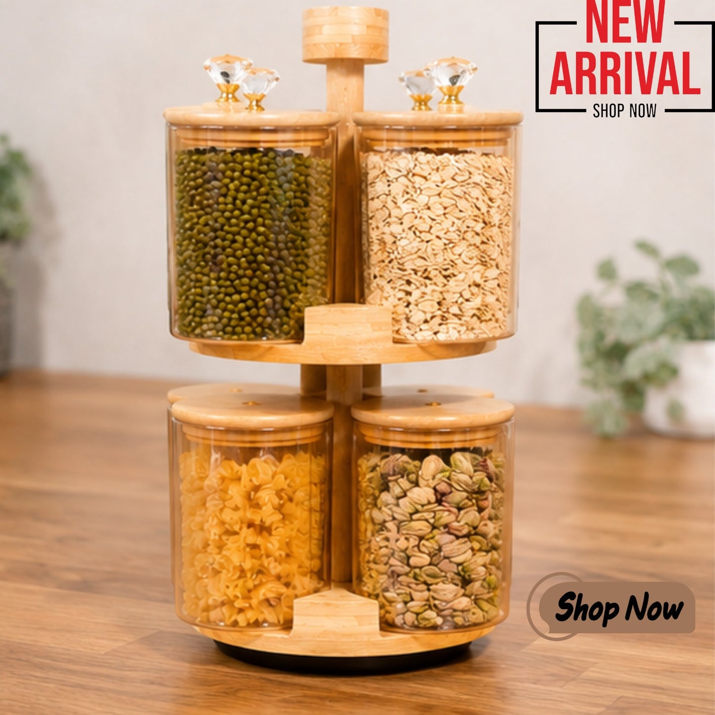 4-Piece Glass Canister Set with Crystal Knob Bamboo Lids