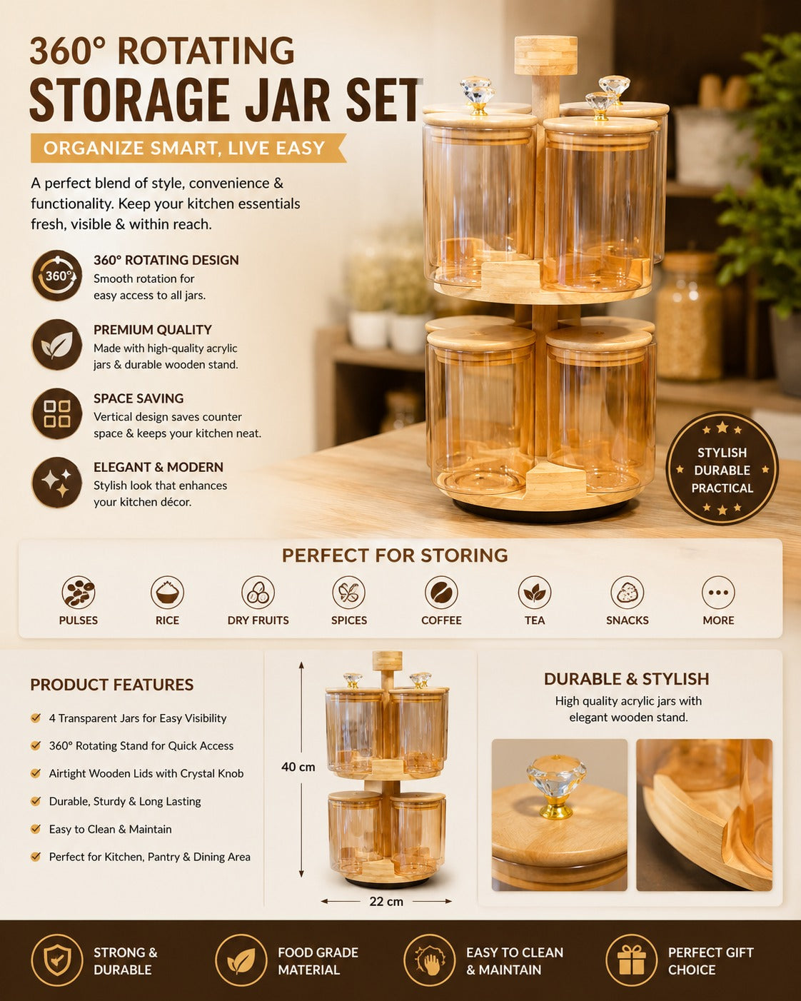 4-Piece Glass Canister Set with Crystal Knob Bamboo Lids