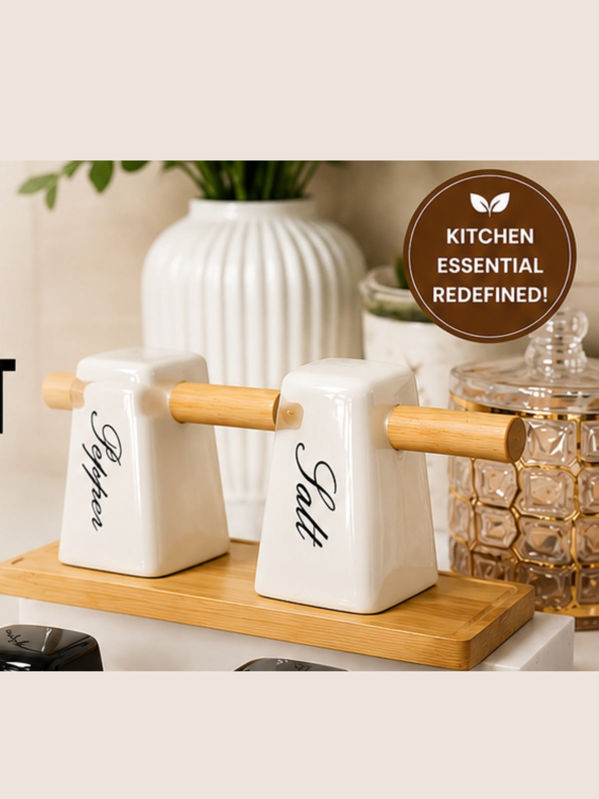 White Ceramic Salt & Pepper Set with Gold-Finish Rack