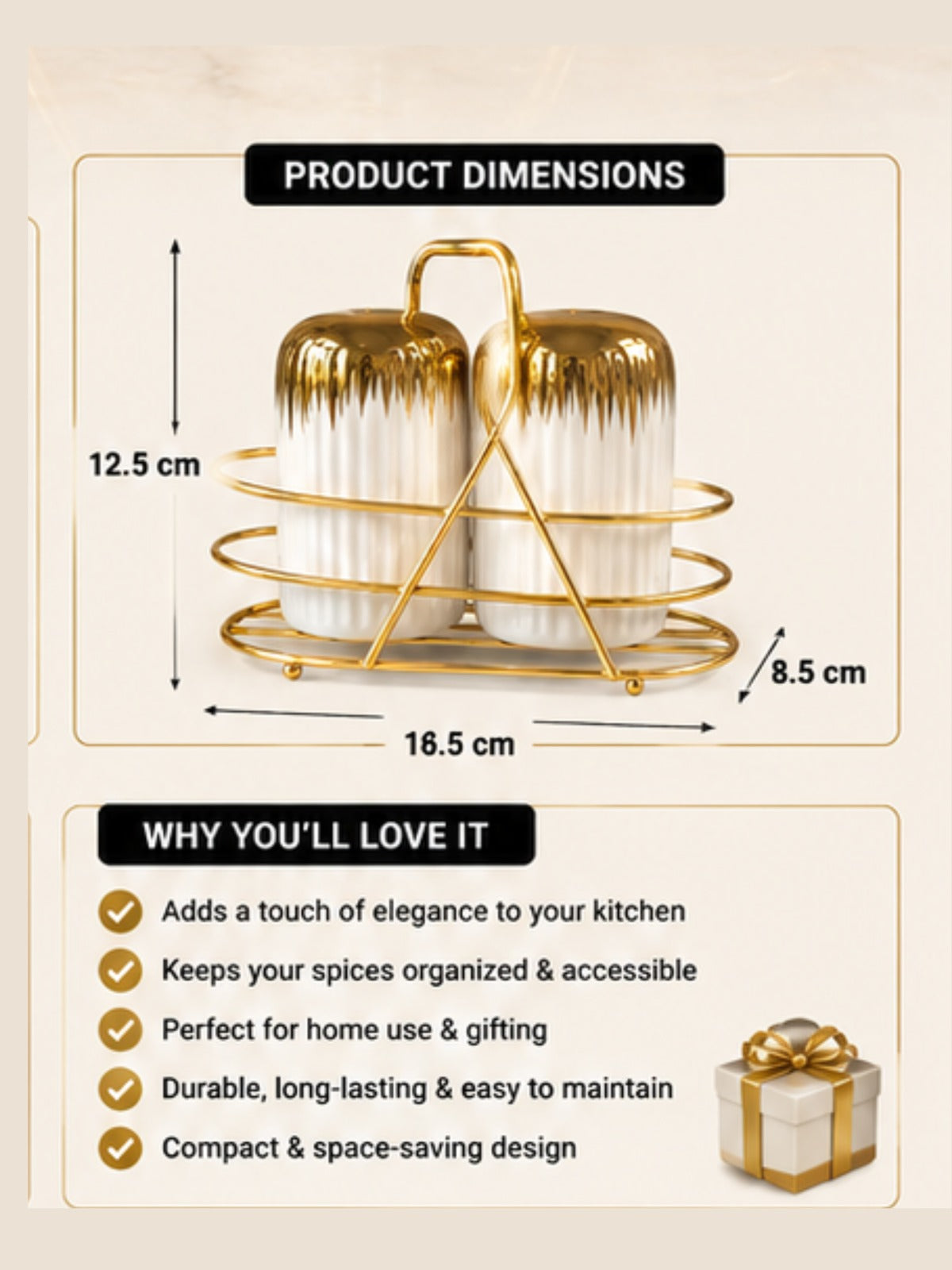 White Ceramic Salt & Pepper Set with Gold-Finish Rack