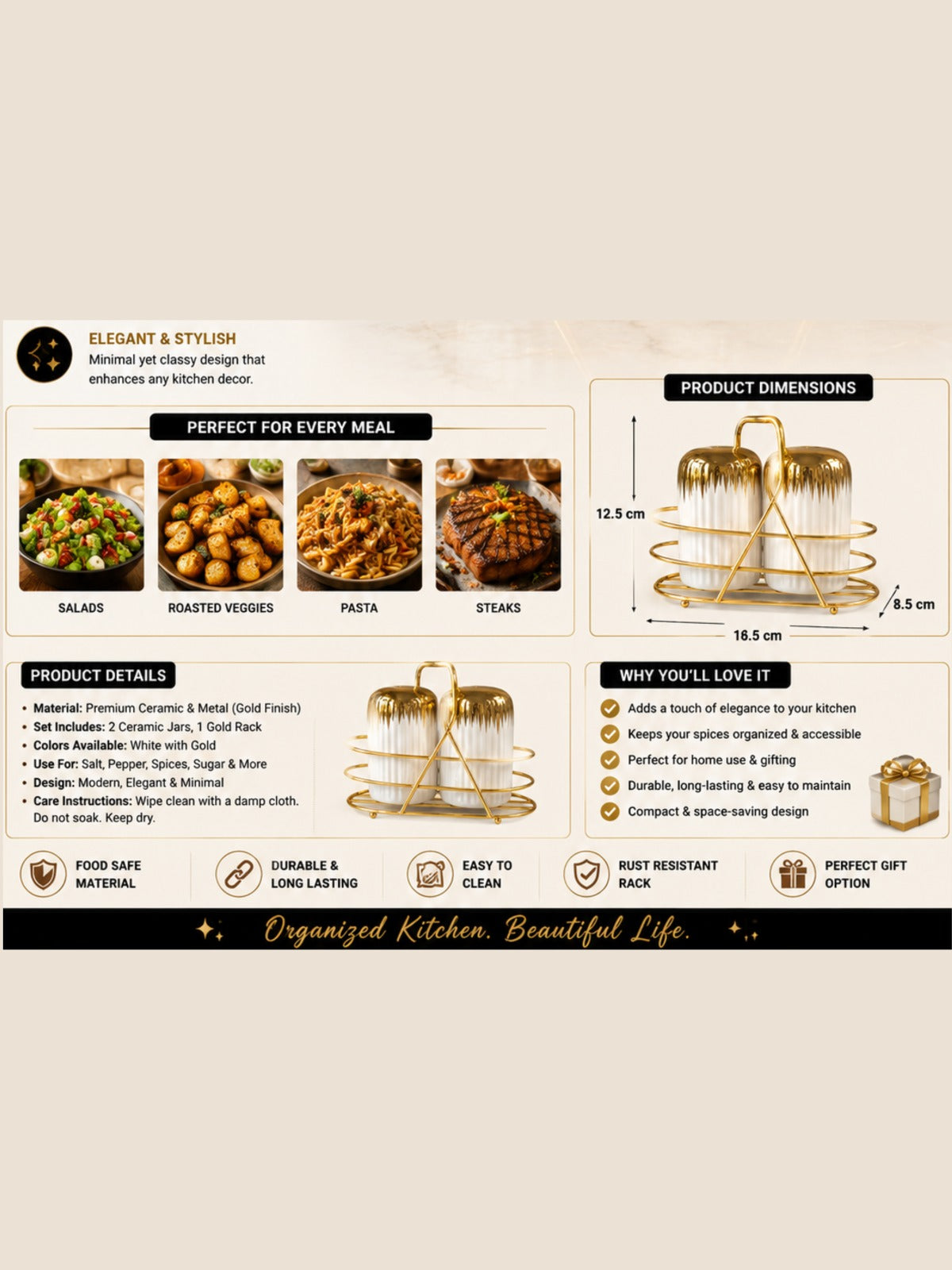 White Ceramic Salt & Pepper Set with Gold-Finish Rack