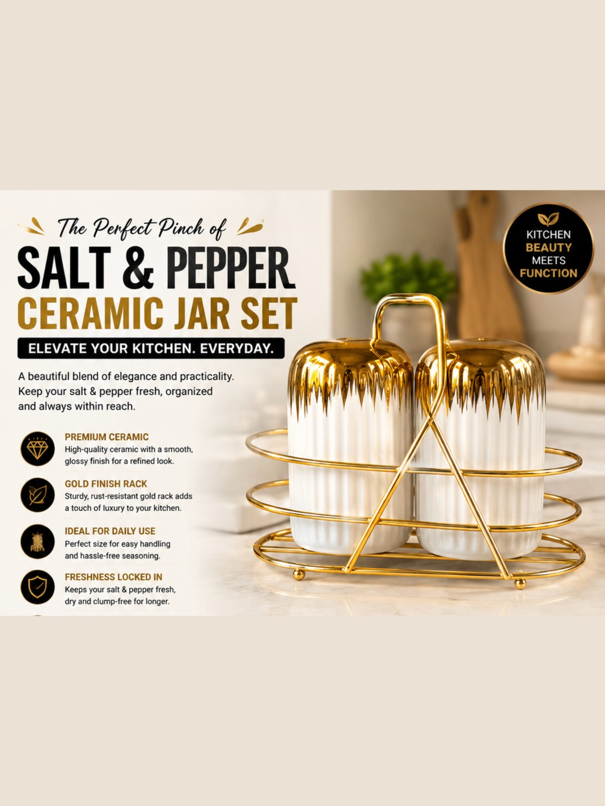 White Ceramic Salt & Pepper Set with Gold-Finish Rack