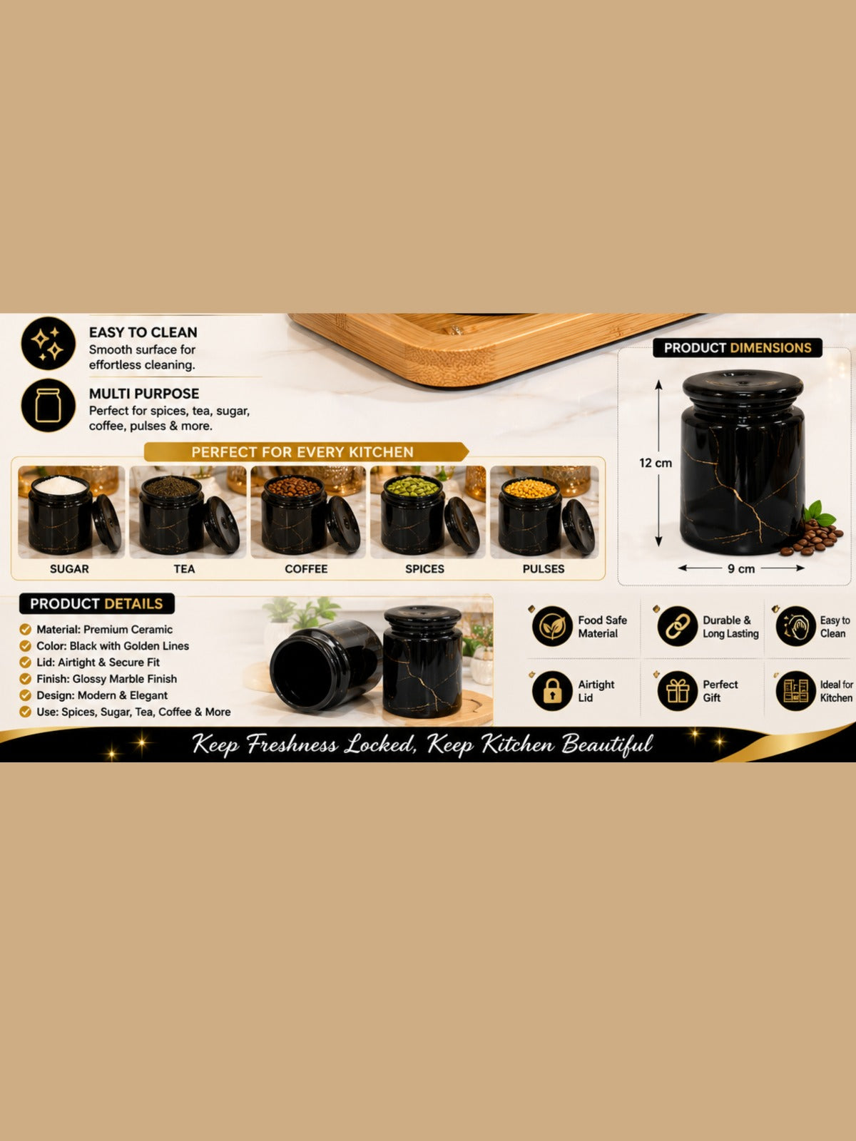 Elegant Black Marble Ceramic Kitchen Storage Jar with Gold Accent