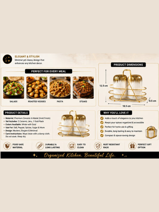 White Ceramic Salt & Pepper Set with Gold-Finish Rack