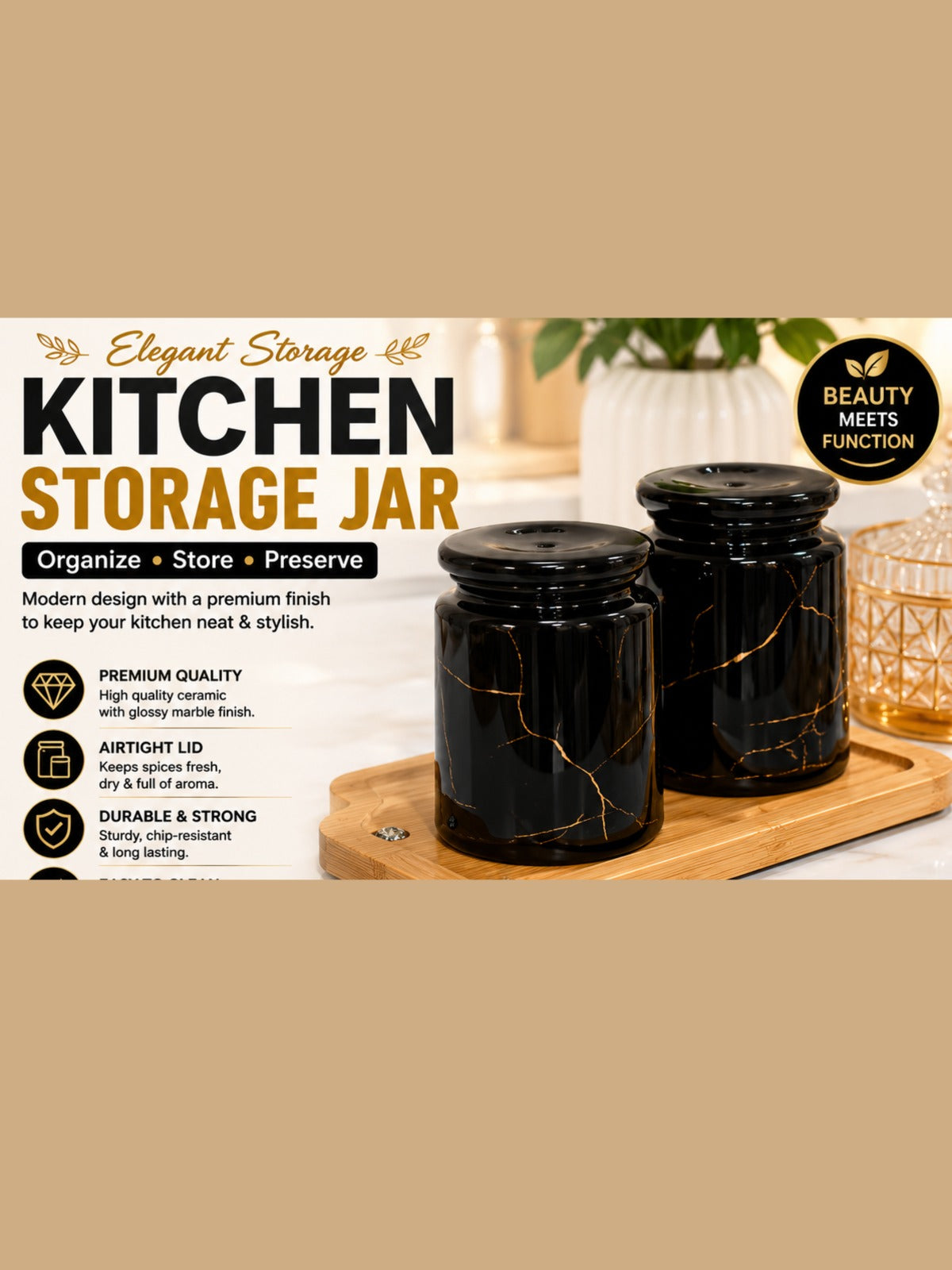 Elegant Black Marble Ceramic Kitchen Storage Jar with Gold Accent