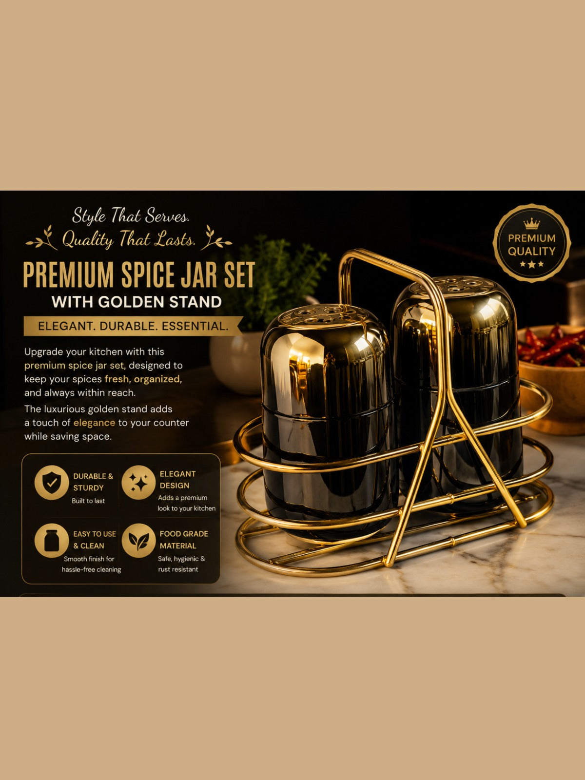 Premium Spice Jar Set with Golden Stand