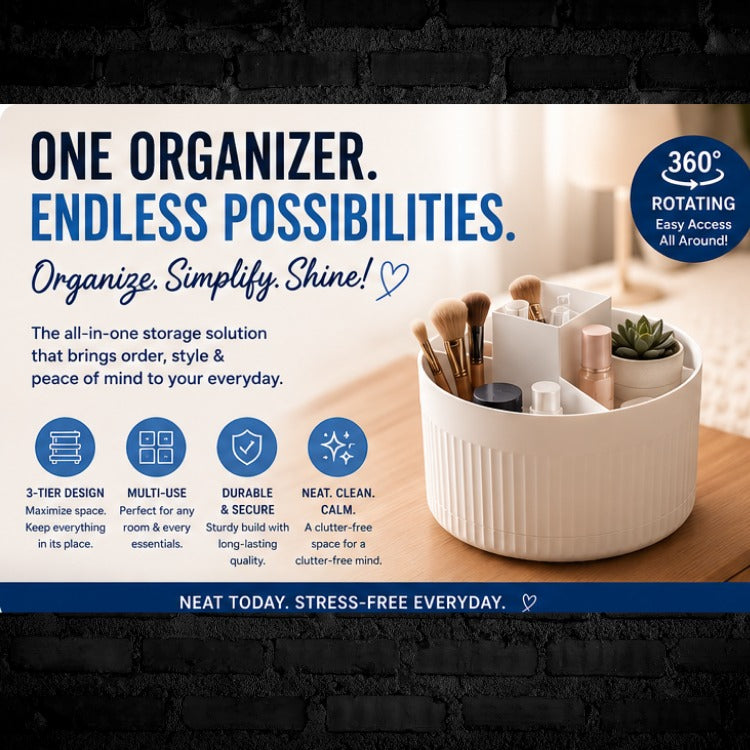 360° Rotating Cosmetic Organizer – Multi-Compartment Makeup & Skincare Storage | Omega Shop