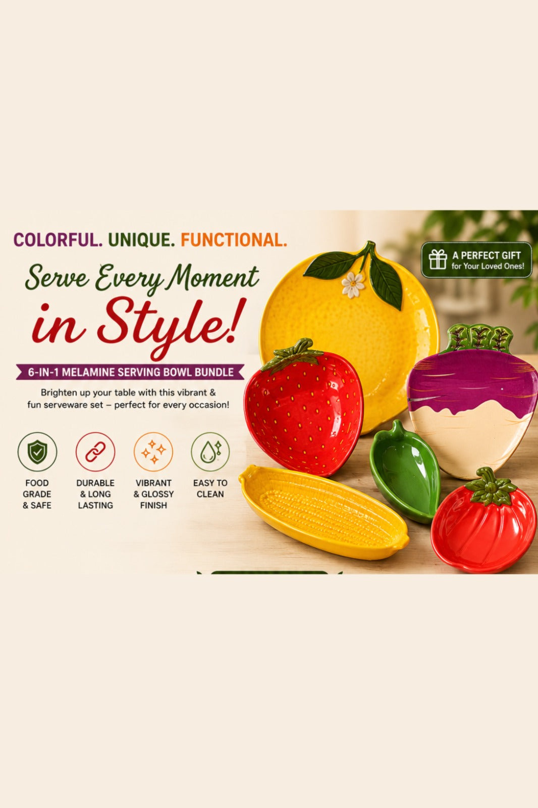 6-in-1 Fruit-Shaped Melamine Bowl & Plate Set