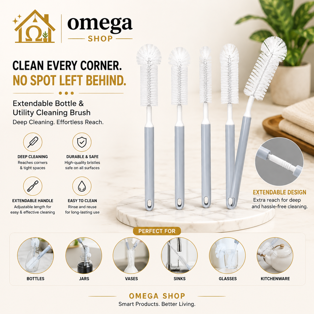 Omega Extendable Bottle Cleaning Brush – Long Handle Brush for Water Bottles, Baby Bottles & Thermos