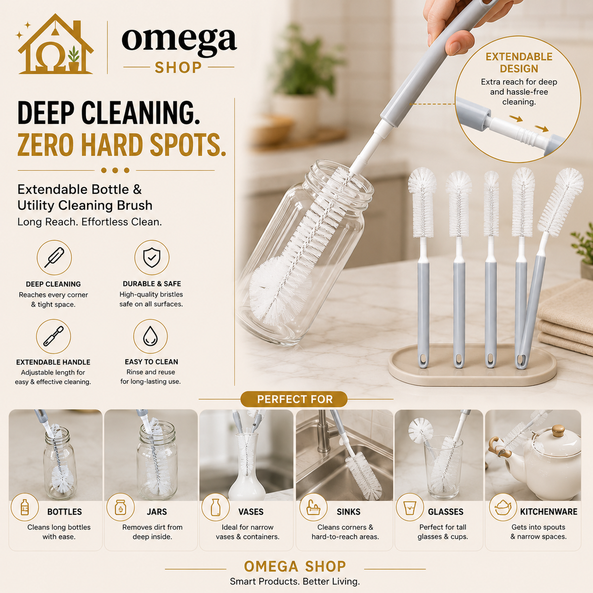 Omega Extendable Bottle Cleaning Brush – Long Handle Brush for Water Bottles, Baby Bottles & Thermos