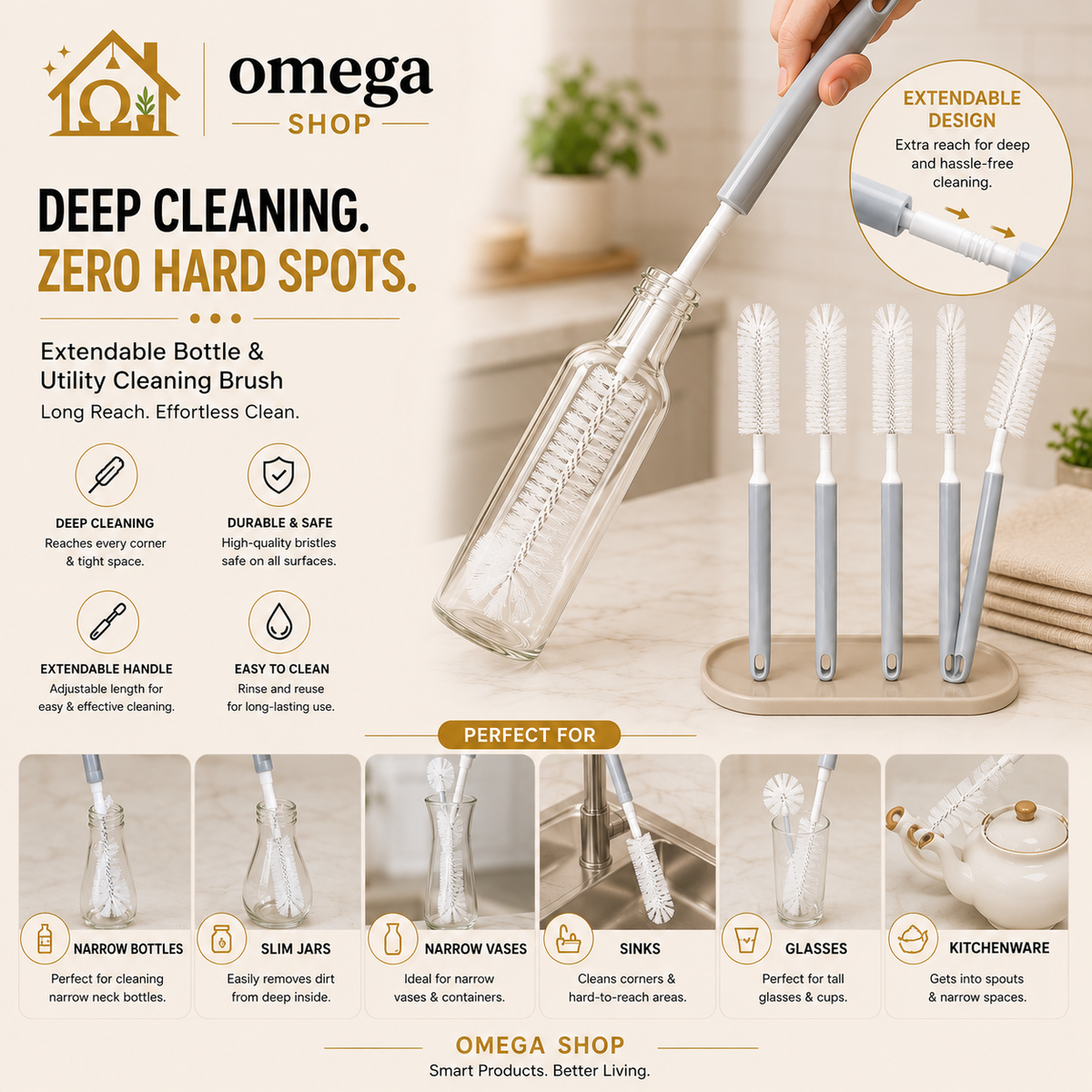 Omega Extendable Bottle Cleaning Brush – Long Handle Brush for Water Bottles, Baby Bottles & Thermos
