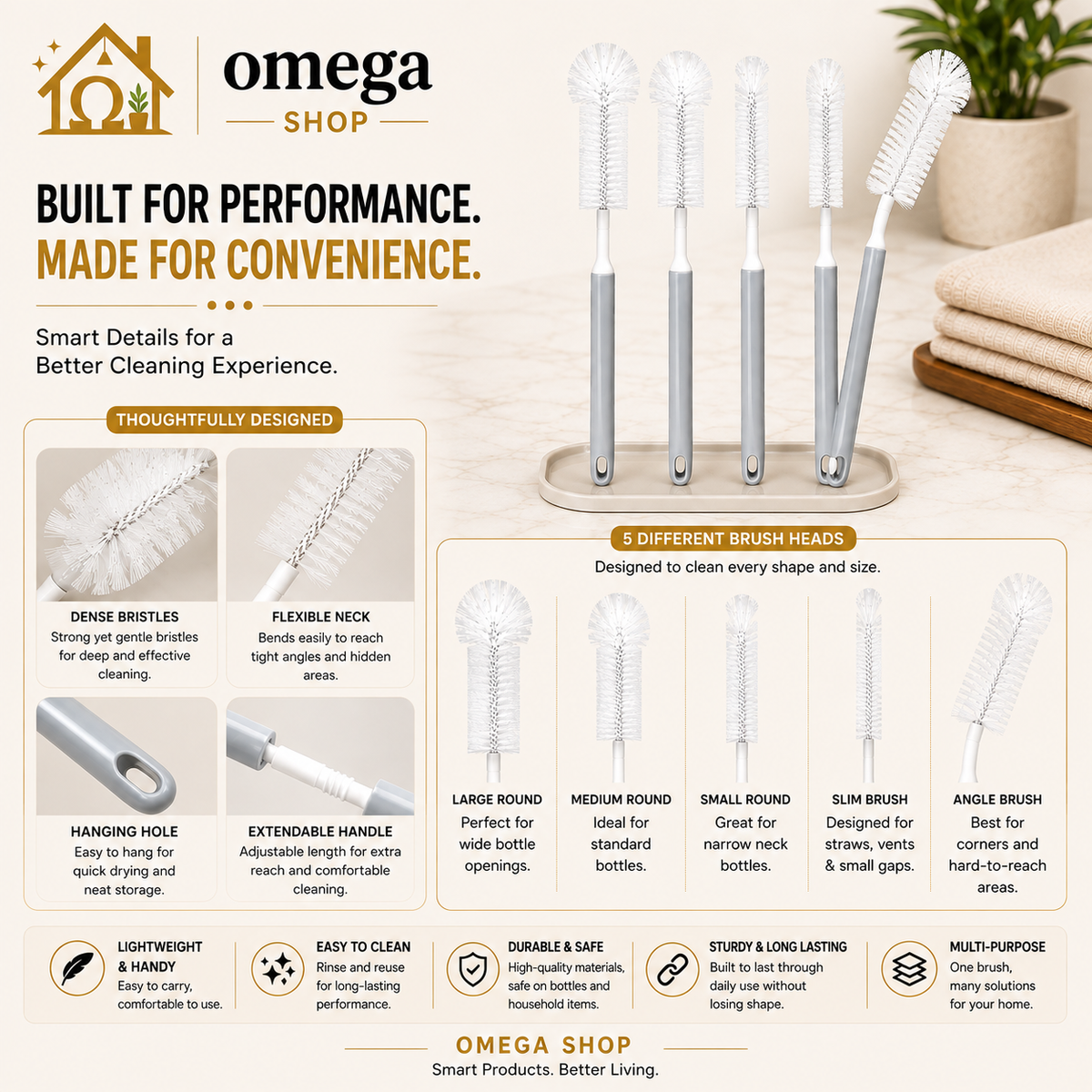 Omega Extendable Bottle Cleaning Brush – Long Handle Brush for Water Bottles, Baby Bottles & Thermos