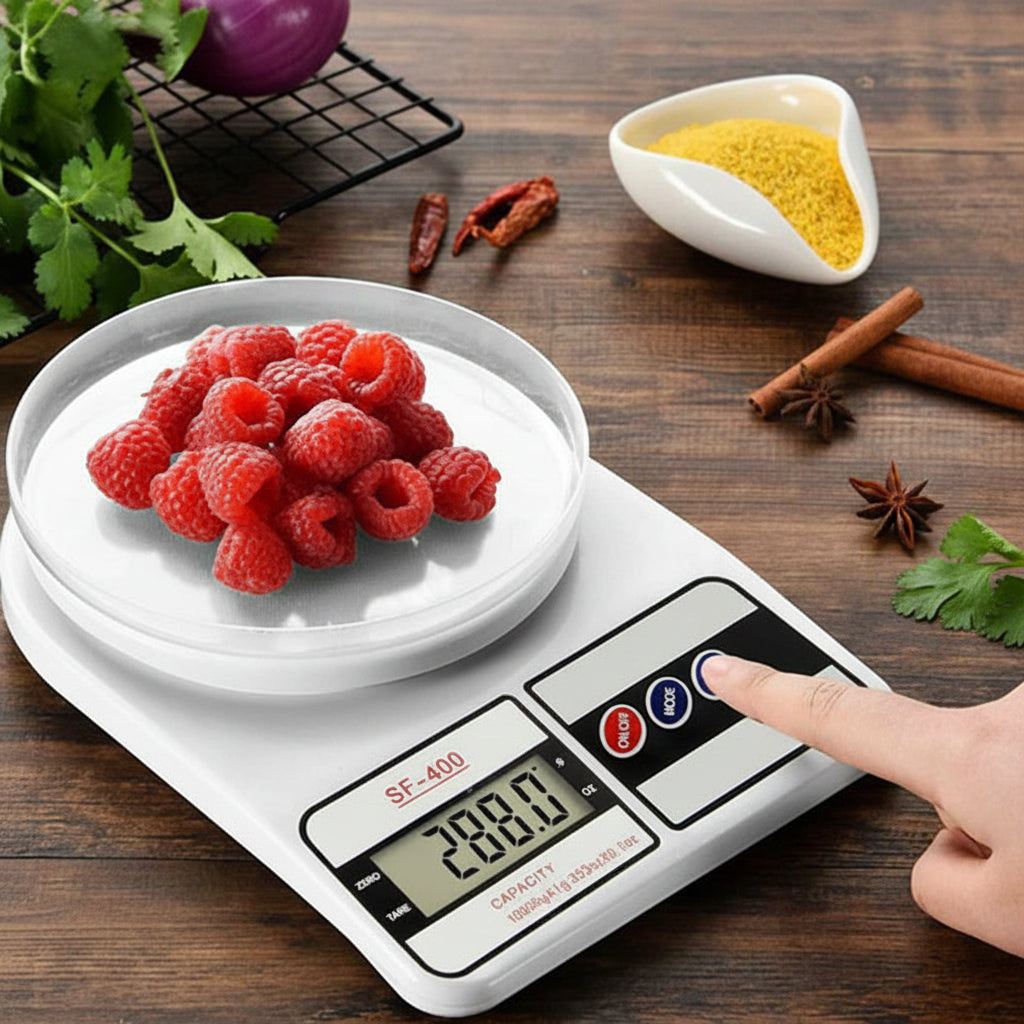 Digital kitchen scale with raspberries on a wooden surface, pointing towards the brand 'Shopaholic'.