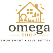A centered logo-style graphic on a white background featuring a gold house icon with small decorative details, the word 'omega' in dark gray, 'SHOP' in gold, and the tagline 'SHOP SMART • LIVE BETTER' below.