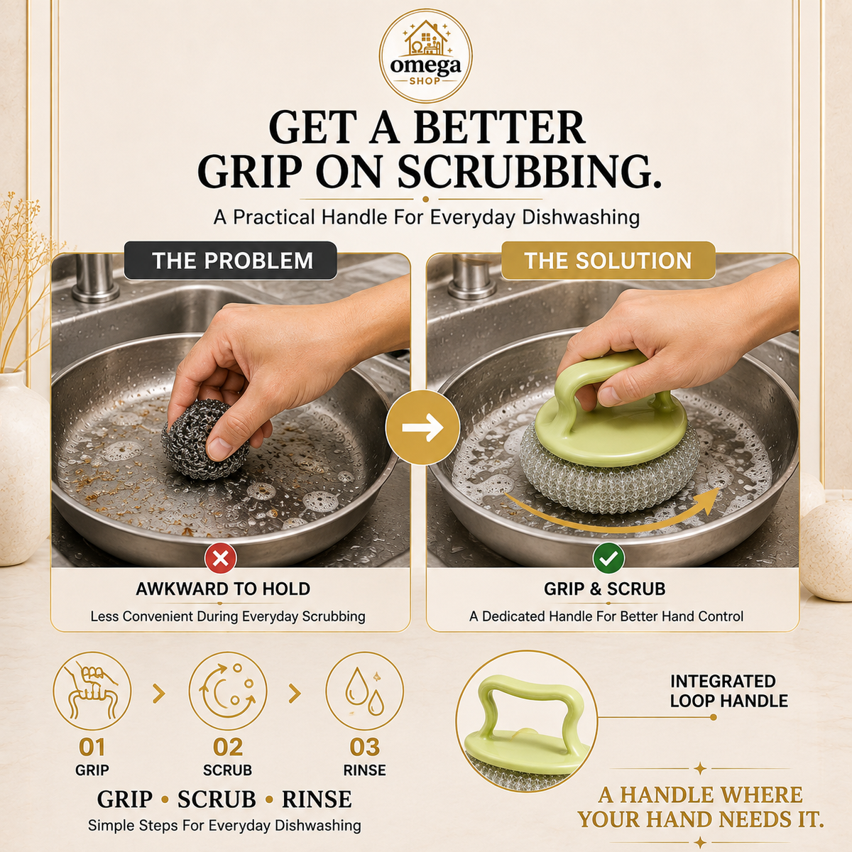 Omega 2-in-1 Dish Scrub Brush | Non-Stick Safe Cleaning Brush
