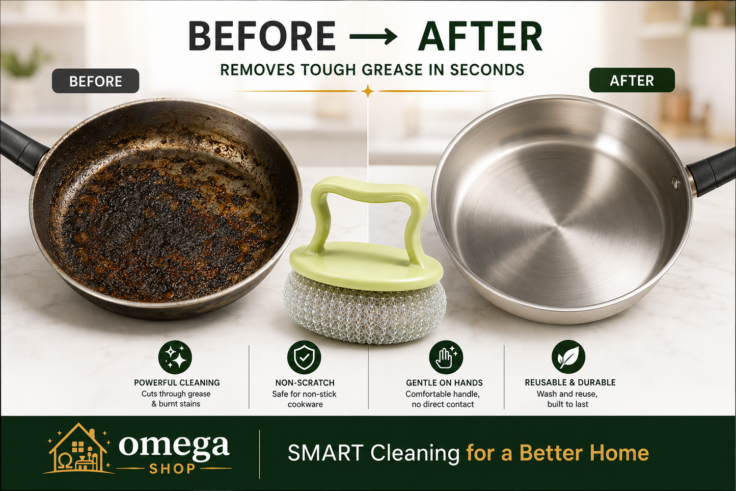 Omega 2-in-1 scrub brush cleaning cookware and plates